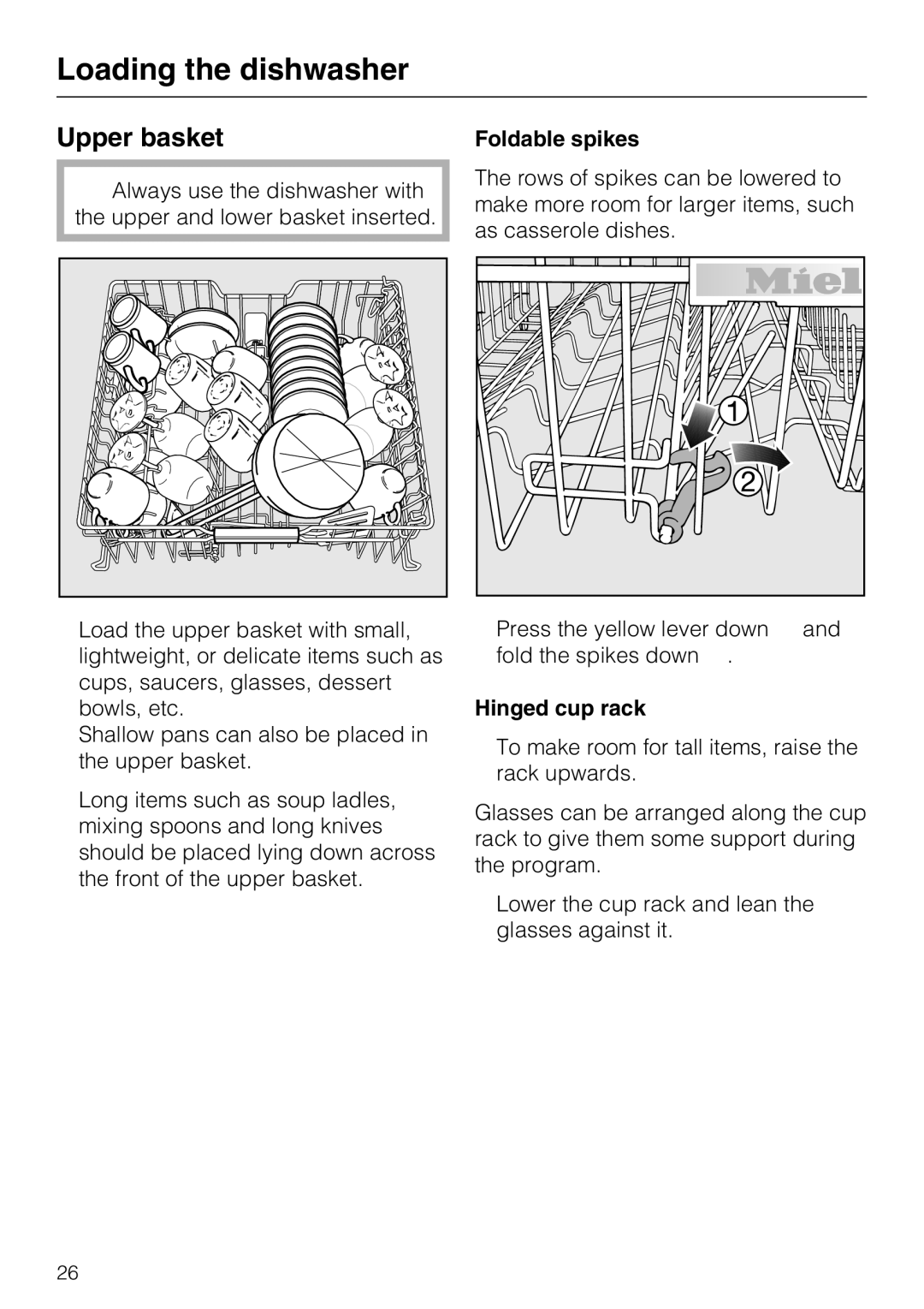 Miele PG 8083 SCVI manual Upper basket, Foldable spikes, Hinged cup rack 