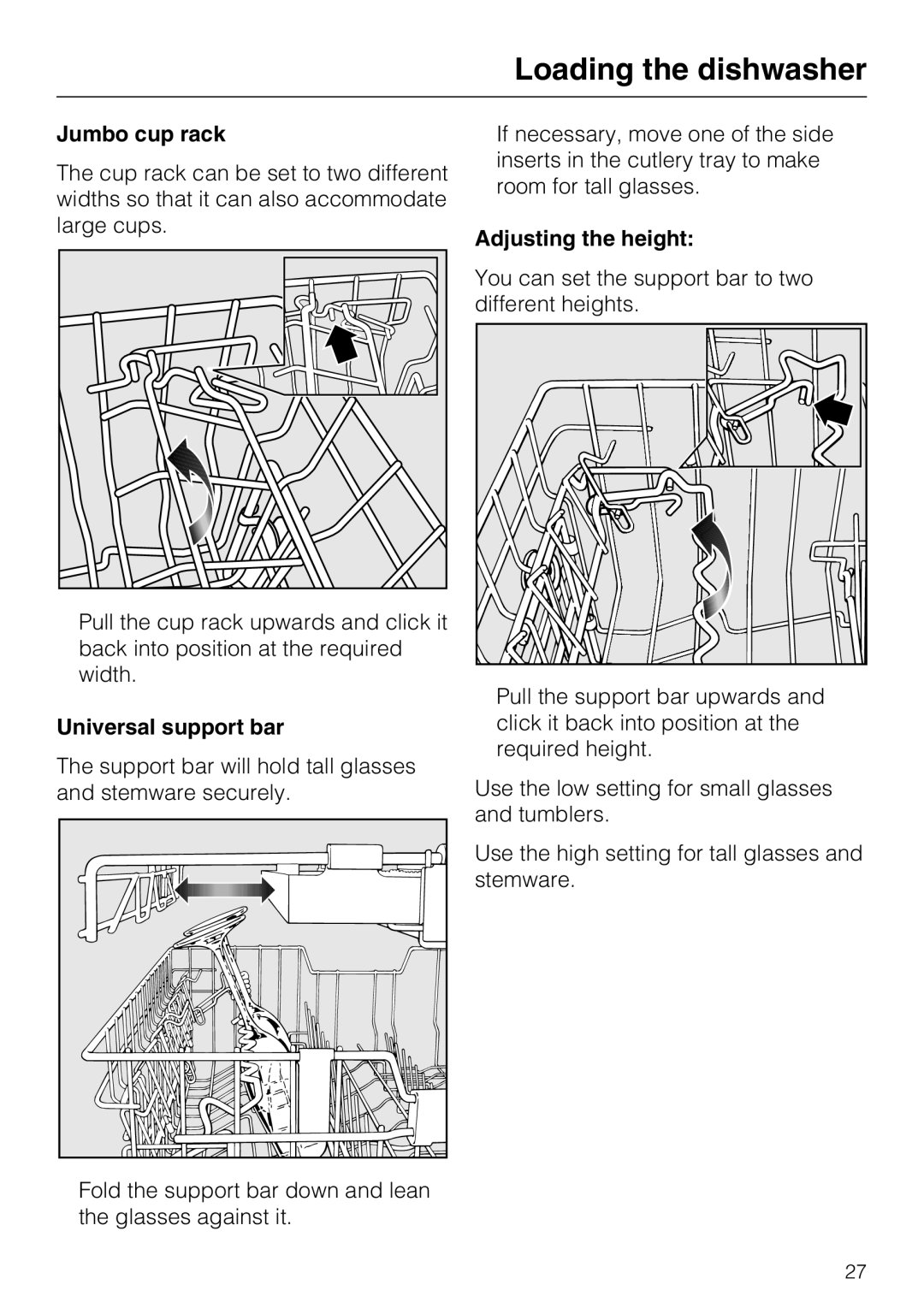 Miele PG 8083 SCVI manual Jumbo cup rack, Universal support bar, Adjusting the height 