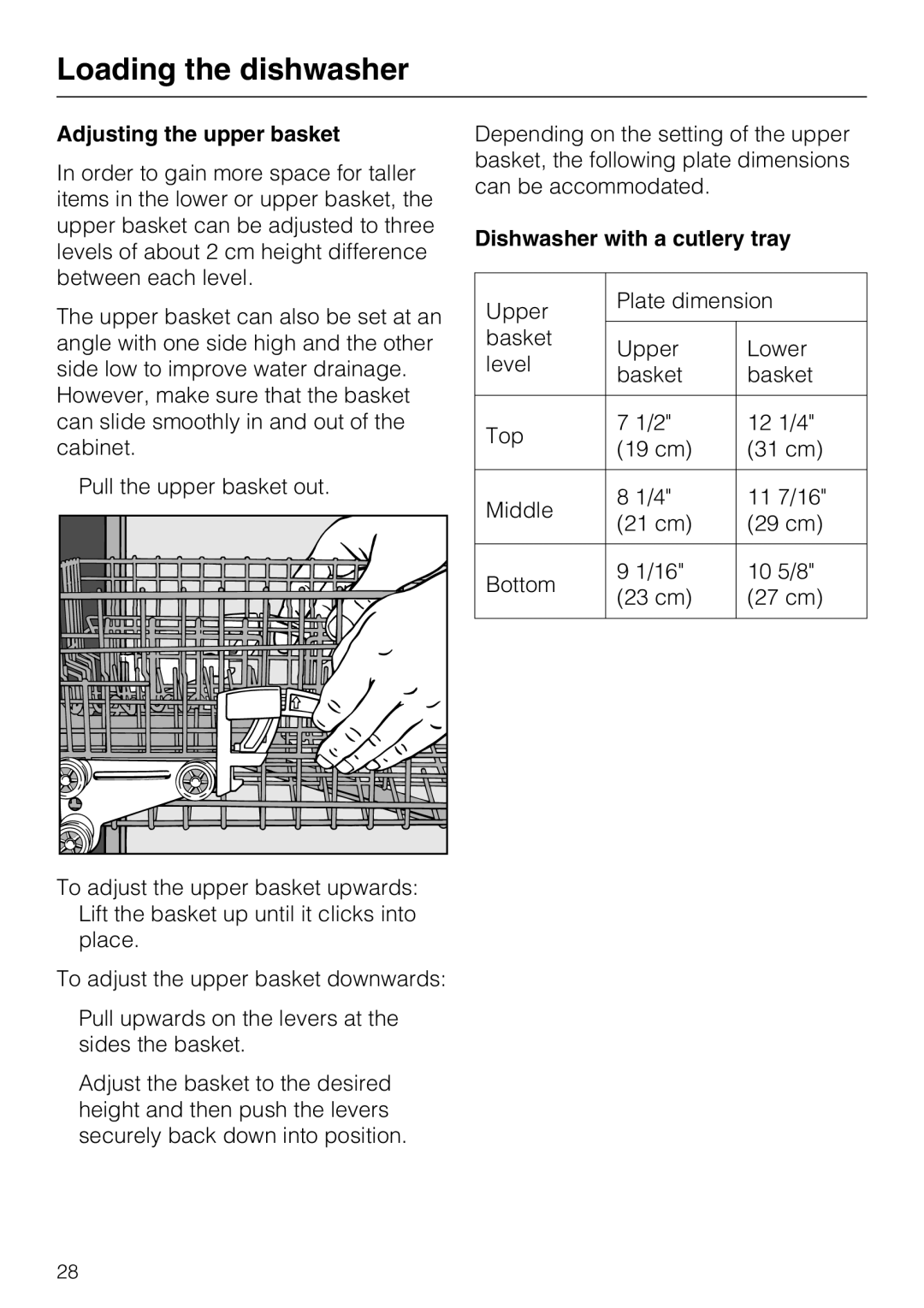 Miele PG 8083 SCVI manual Adjusting the upper basket, Dishwasher with a cutlery tray 