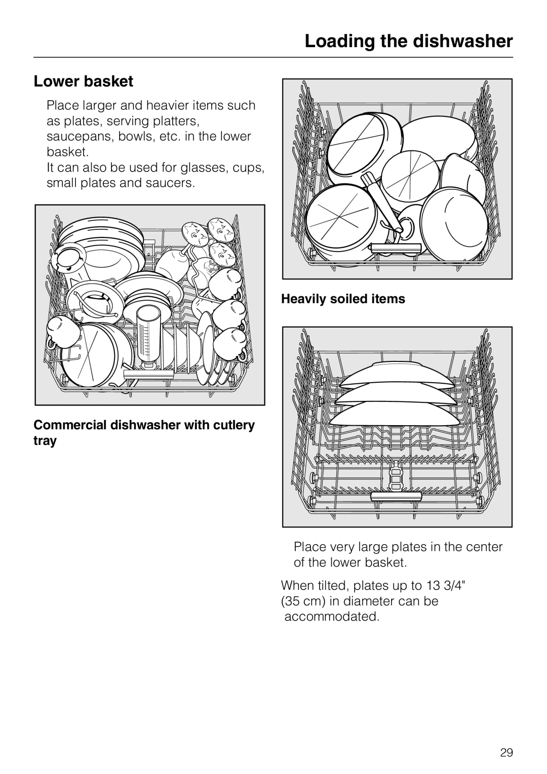 Miele PG 8083 SCVI manual Lower basket, Heavily soiled items Commercial dishwasher with cutlery tray 