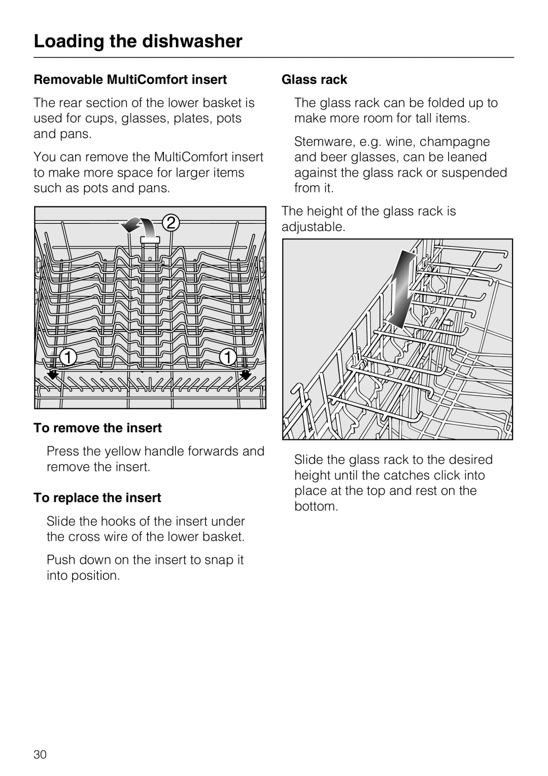 Miele PG 8083 SCVI manual Removable MultiComfort insert, To remove the insert, To replace the insert, Glass rack 