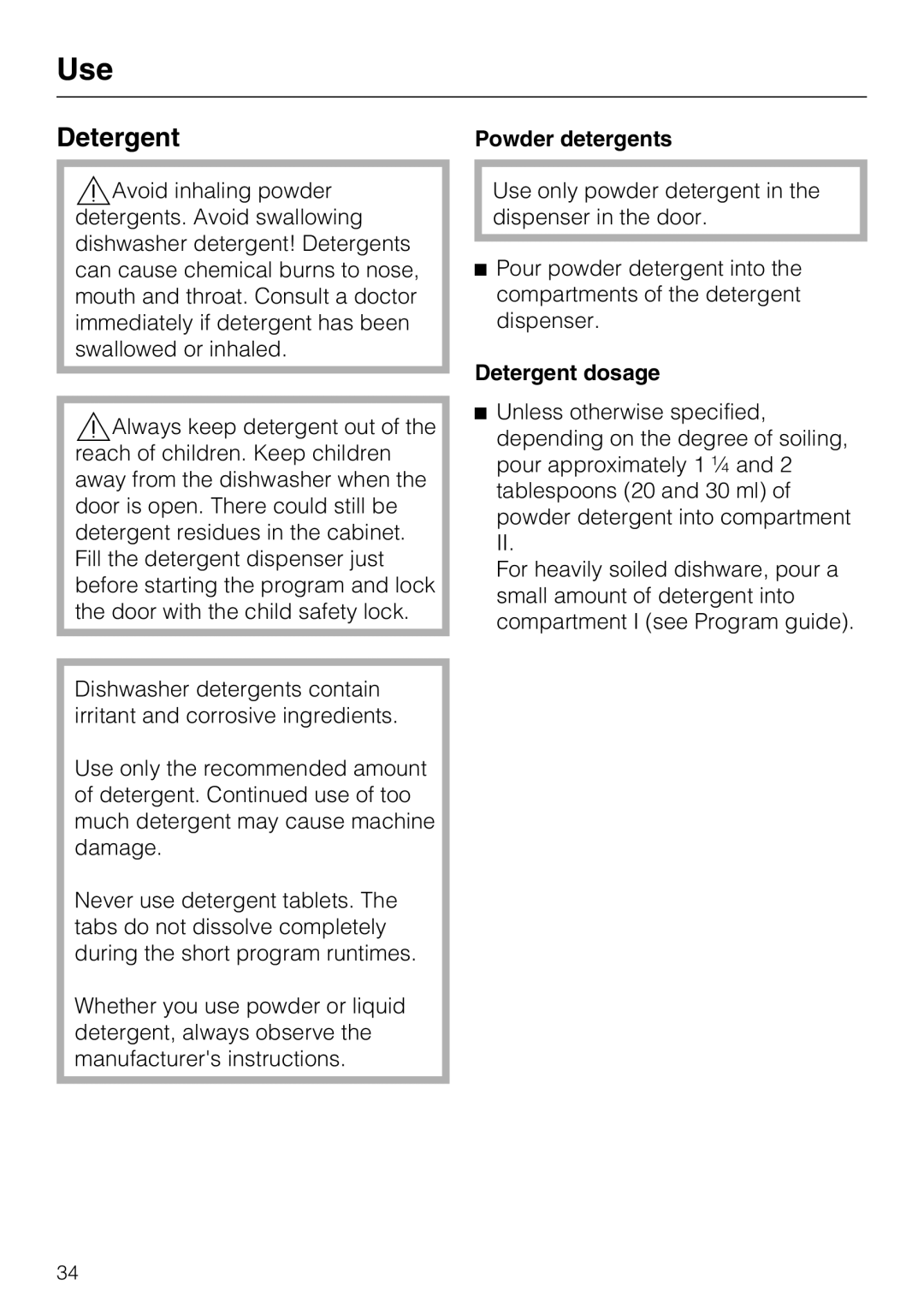 Miele PG 8083 SCVI manual Use, Powder detergents, Detergent dosage 