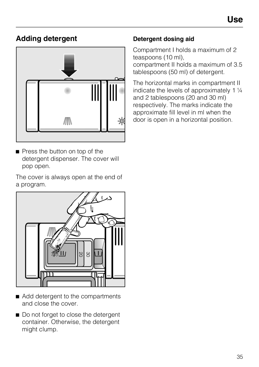 Miele PG 8083 SCVI manual Adding detergent, Detergent dosing aid 