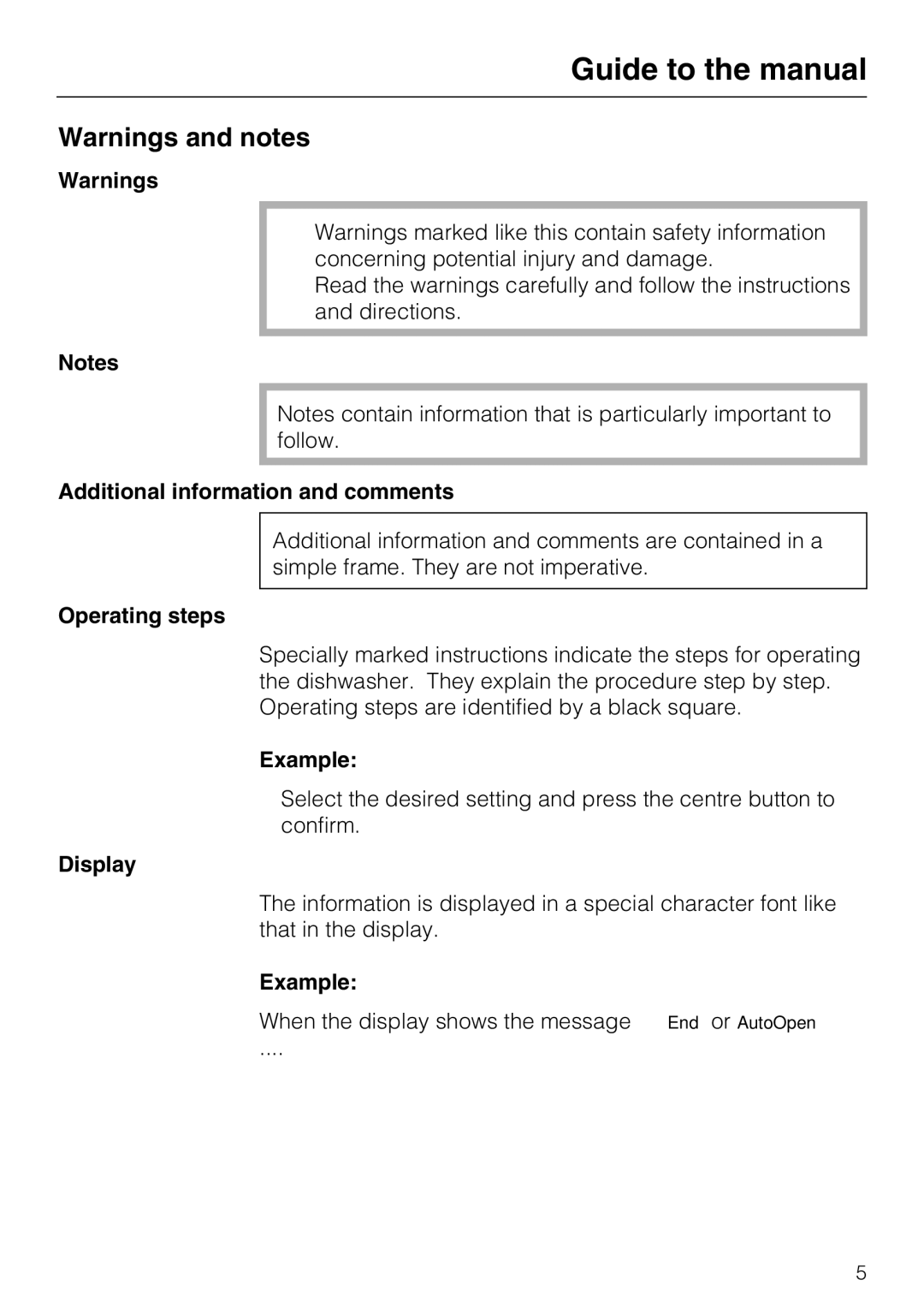 Miele PG 8083 SCVI Guide to the manual, Additional information and comments, Operating steps, Example, Display 