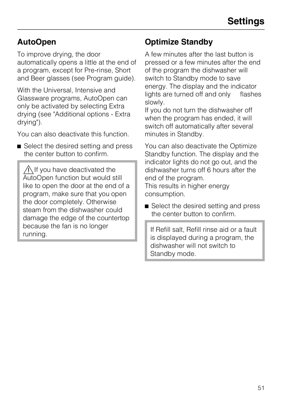 Miele PG 8083 SCVI manual AutoOpen, Optimize Standby 