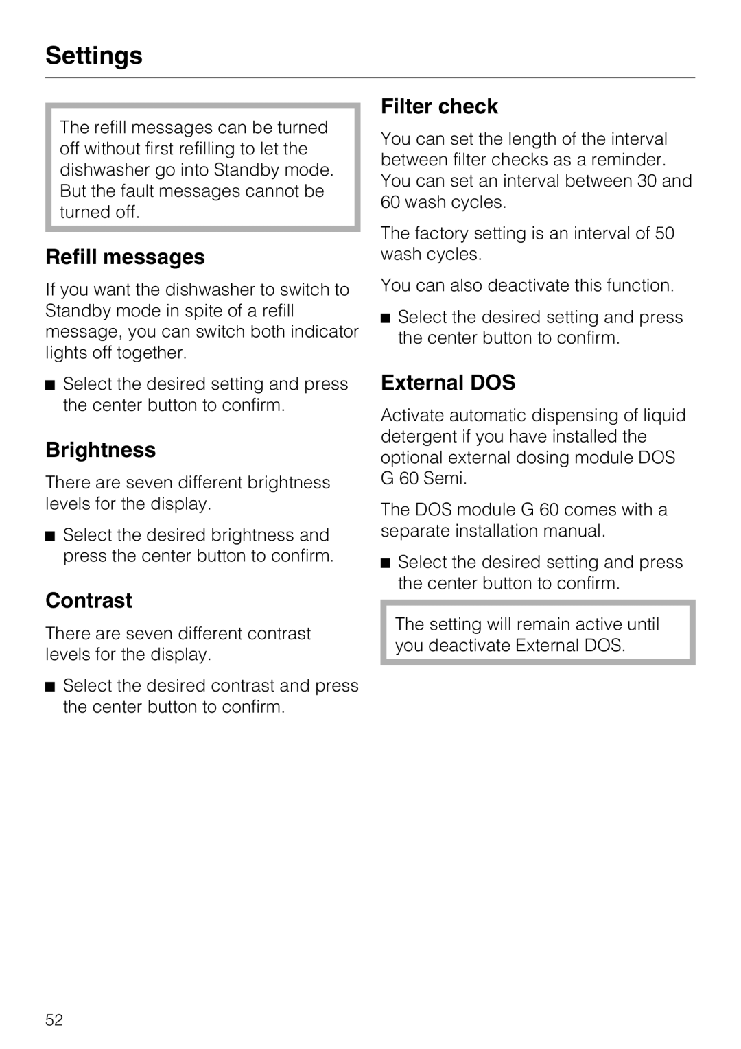 Miele PG 8083 SCVI manual Refill messages, Brightness, Contrast, Filter check, External DOS 