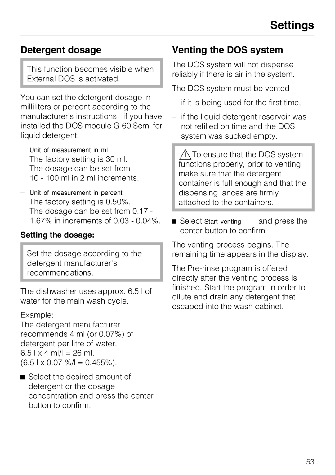 Miele PG 8083 SCVI manual Detergent dosage, Venting the DOS system, Setting the dosage 