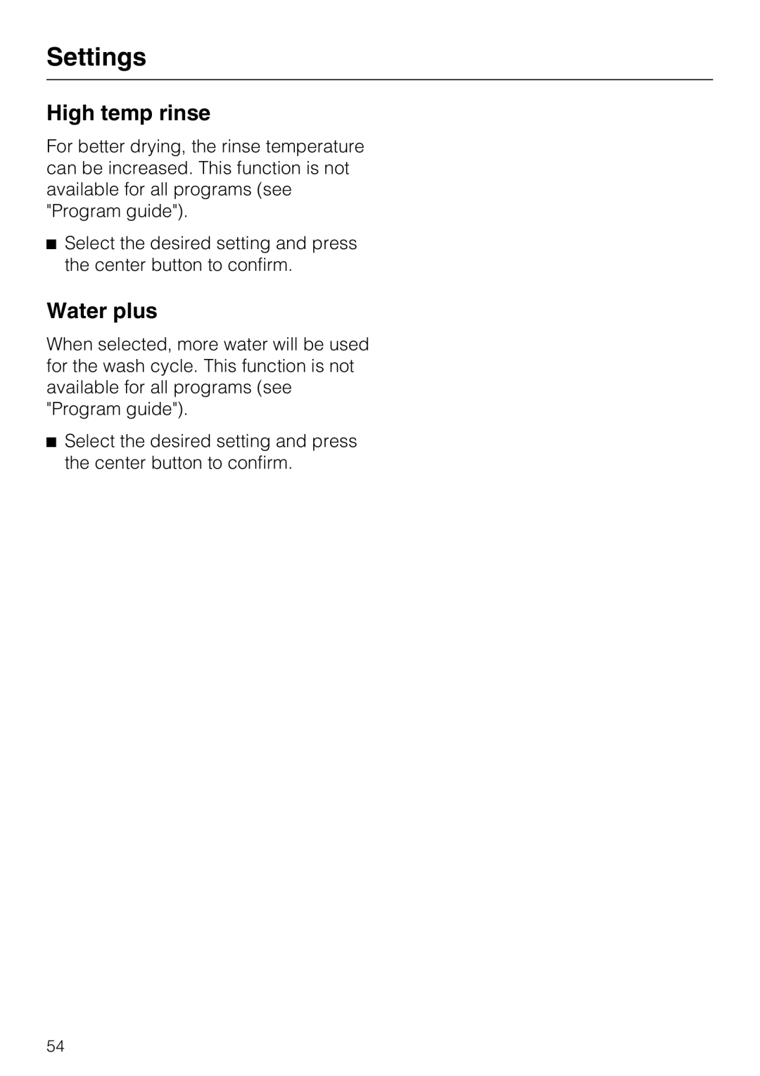 Miele PG 8083 SCVI manual High temp rinse, Water plus 