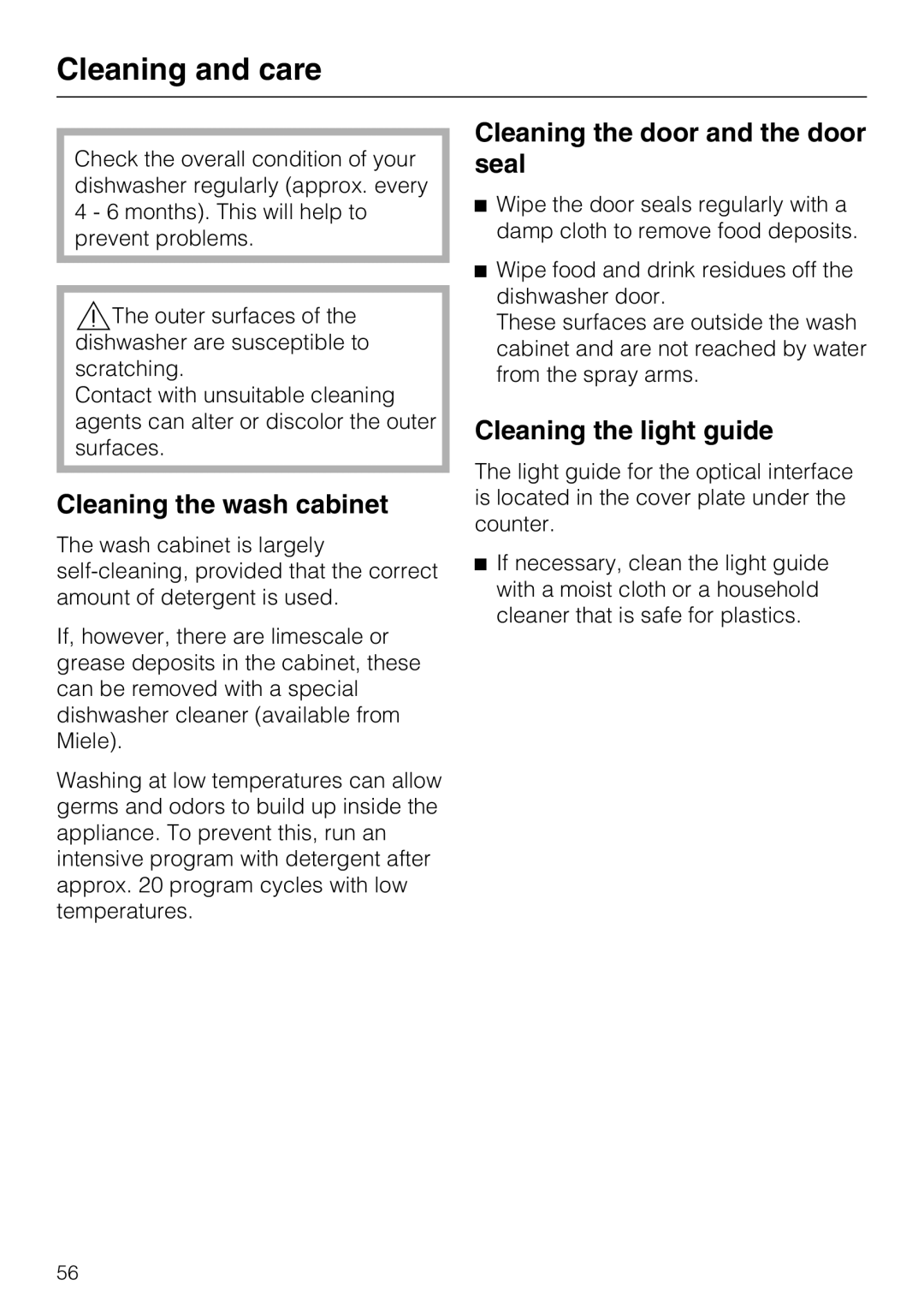 Miele PG 8083 SCVI manual Cleaning and care, Cleaning the wash cabinet, Cleaning the door and the door seal 