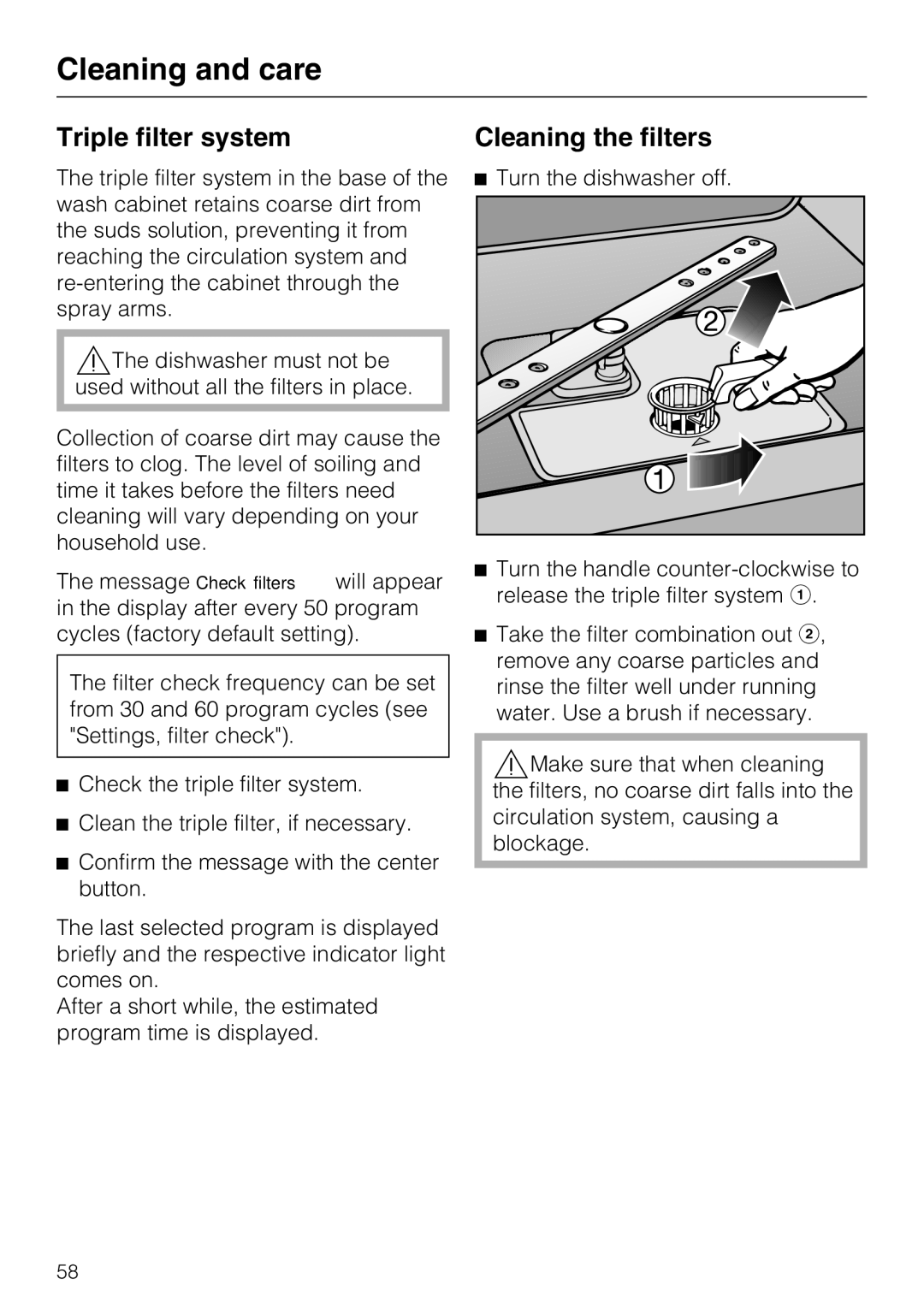 Miele PG 8083 SCVI manual Triple filter system, Cleaning the filters 