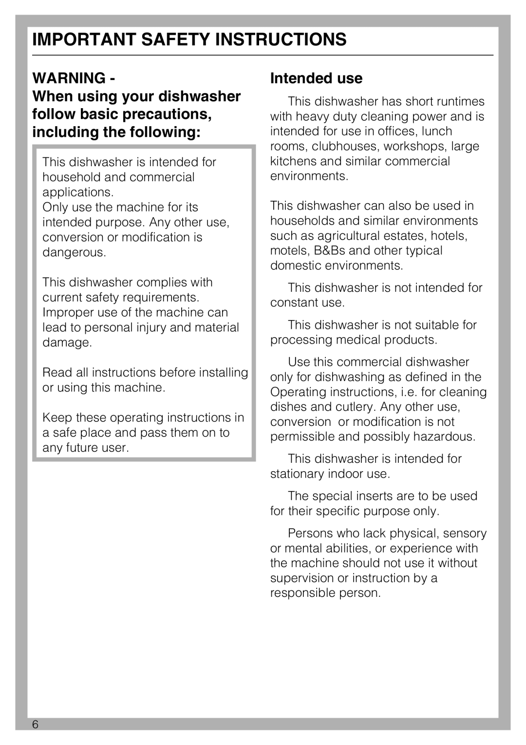 Miele PG 8083 SCVI manual Important Safety Instructions, Intended use 