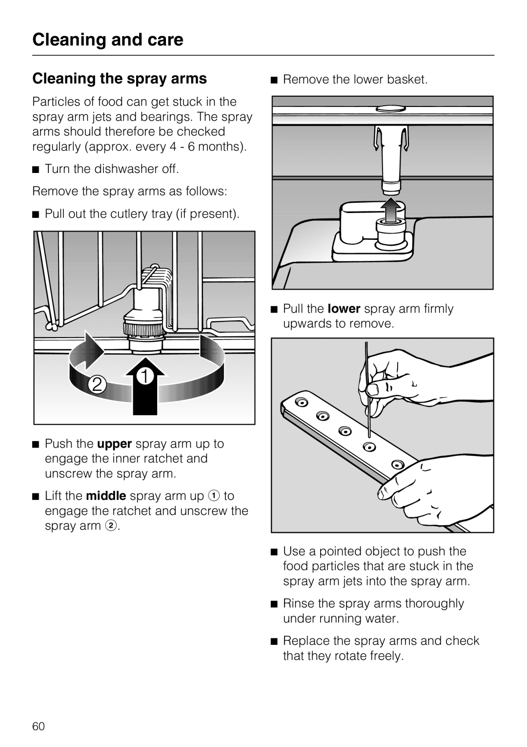 Miele PG 8083 SCVI manual Cleaning the spray arms 