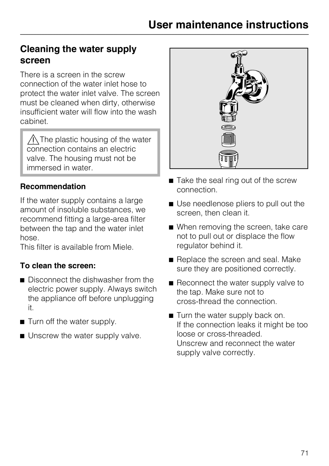 Miele PG 8083 SCVI User maintenance instructions, Cleaning the water supply screen, Recommendation, To clean the screen 