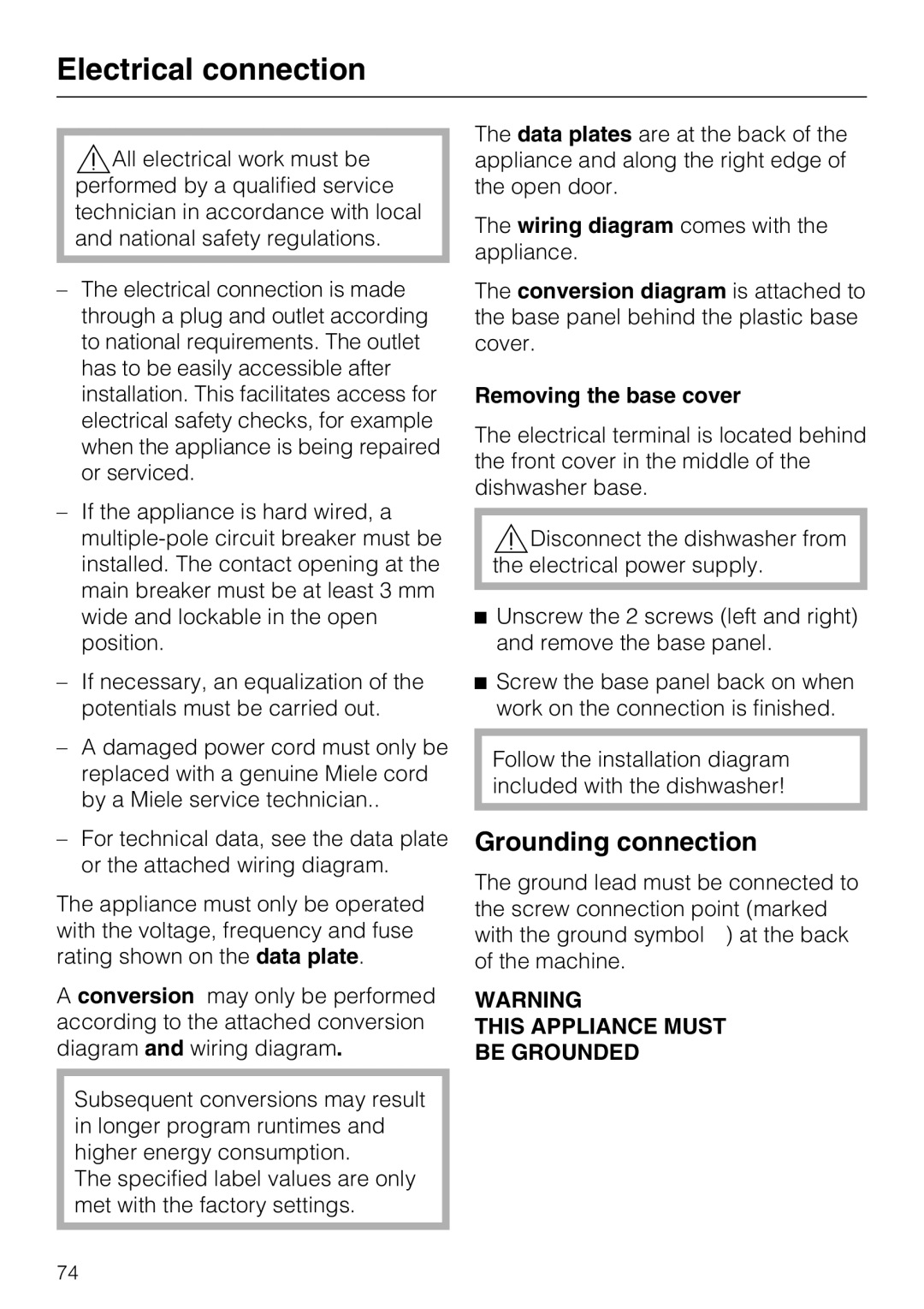 Miele PG 8083 SCVI manual Electrical connection, Grounding connection, Removing the base cover 