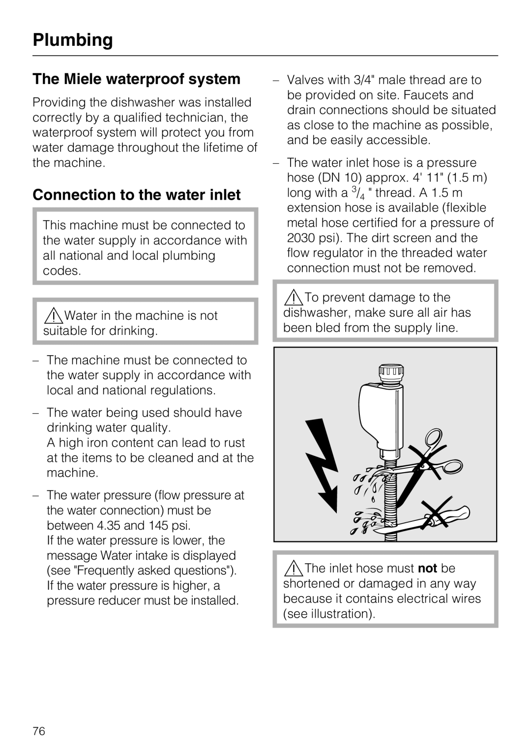 Miele PG 8083 SCVI manual Plumbing, Miele waterproof system, Connection to the water inlet 