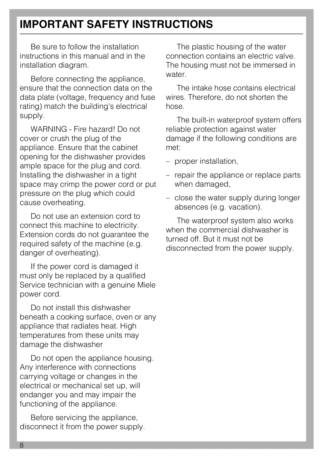 Miele PG 8083 SCVI manual Important Safety Instructions 