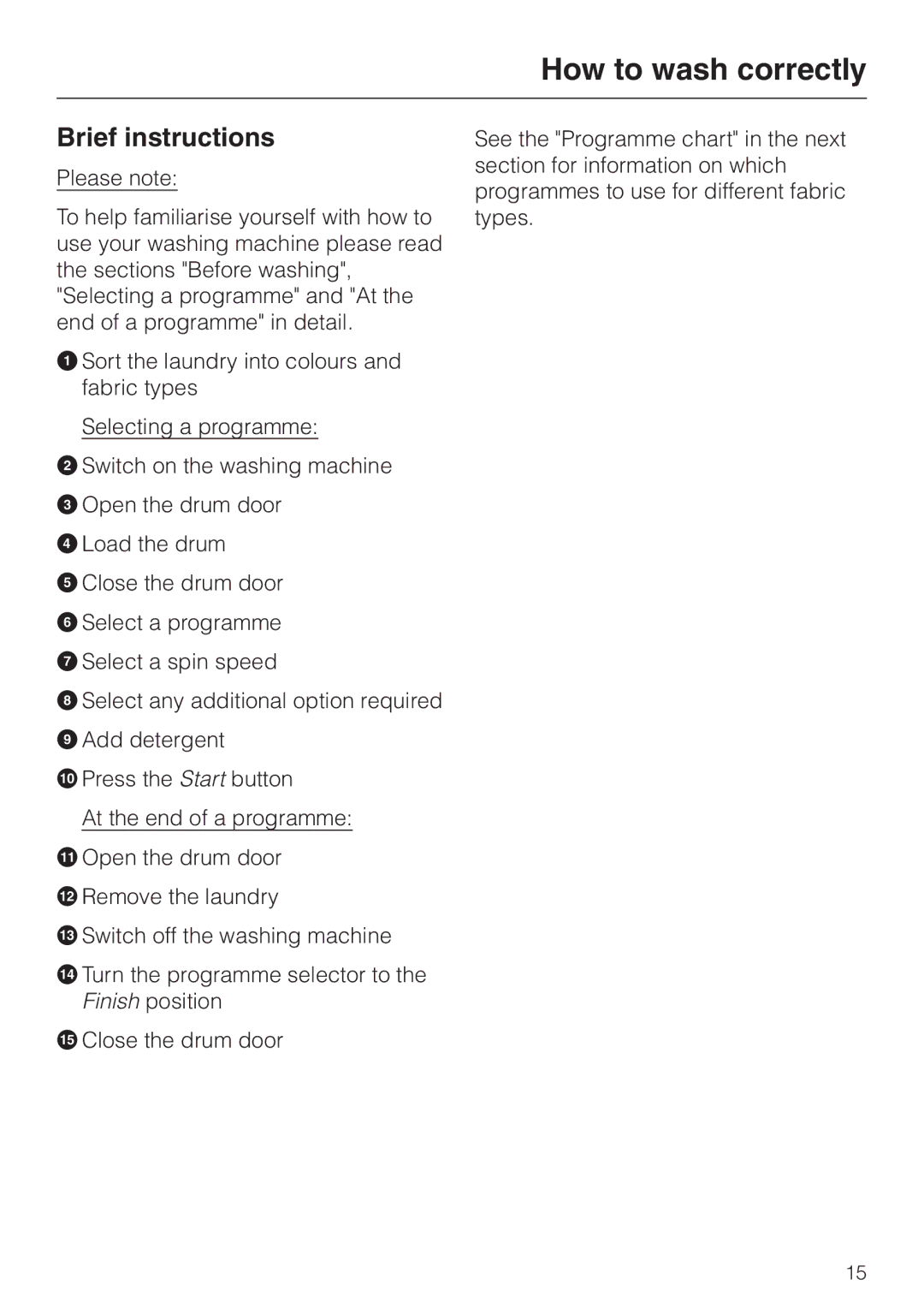 Miele Premier 300 operating instructions How to wash correctly, Brief instructions 