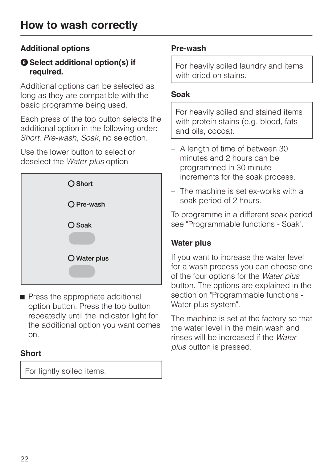 Miele Premier 300 Additional options HSelect additional options if required, Short, Pre-wash, Soak, Water plus 