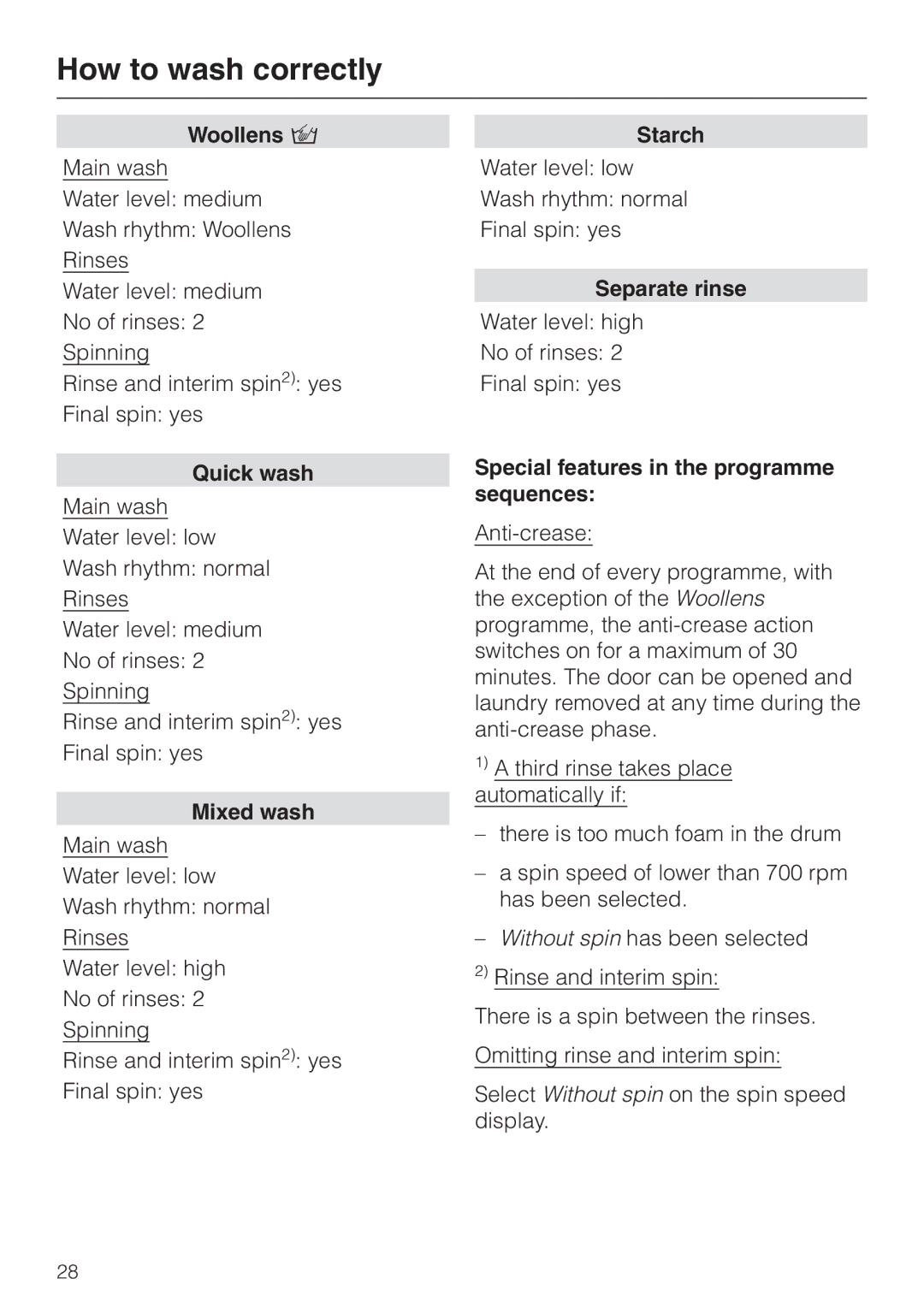 Miele Premier 300 operating instructions Woollens, Special features in the programme sequences 