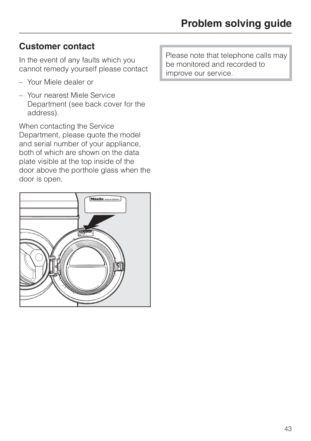 Miele Premier 300 operating instructions Customer contact 