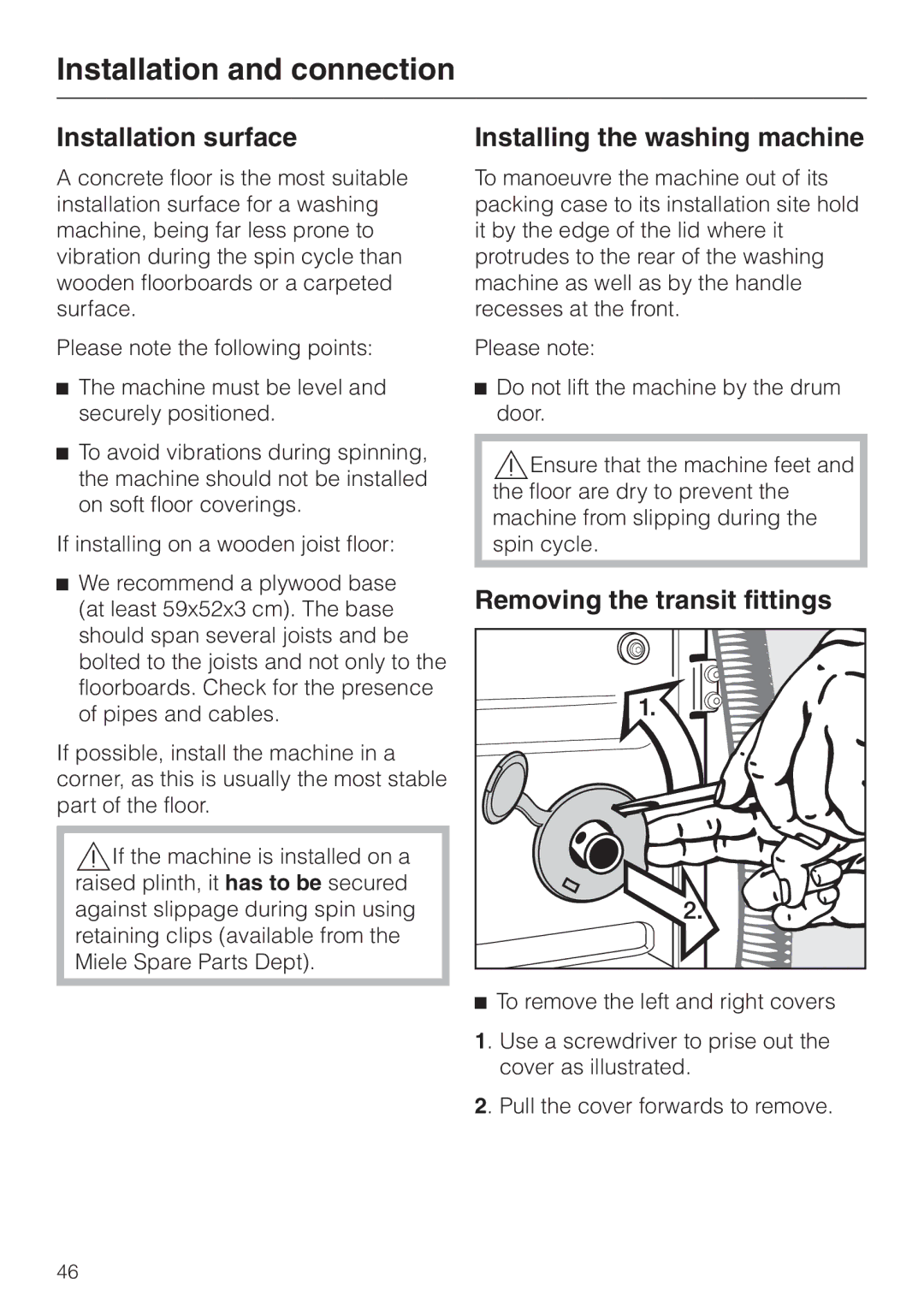 Miele Premier 300 Installation surface, Installing the washing machine, Removing the transit fittings 