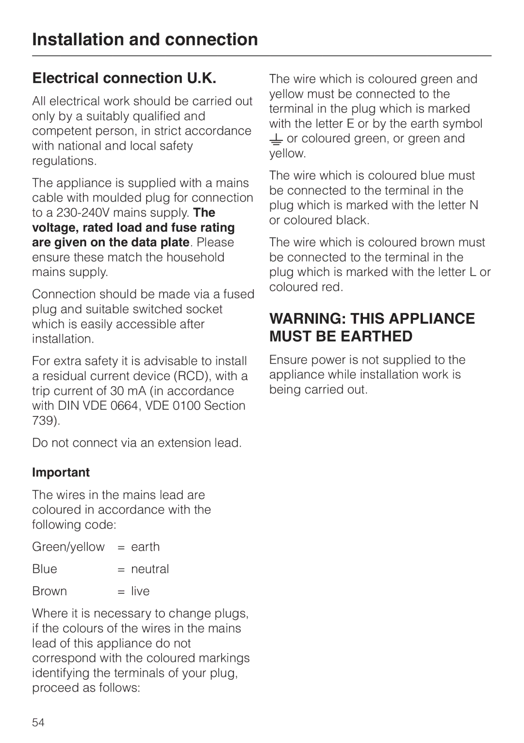 Miele Premier 300 operating instructions Electrical connection U.K 