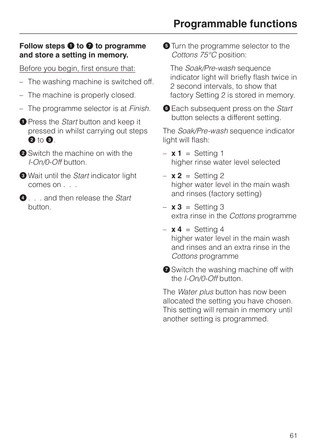 Miele Premier 300 operating instructions Programmable functions 