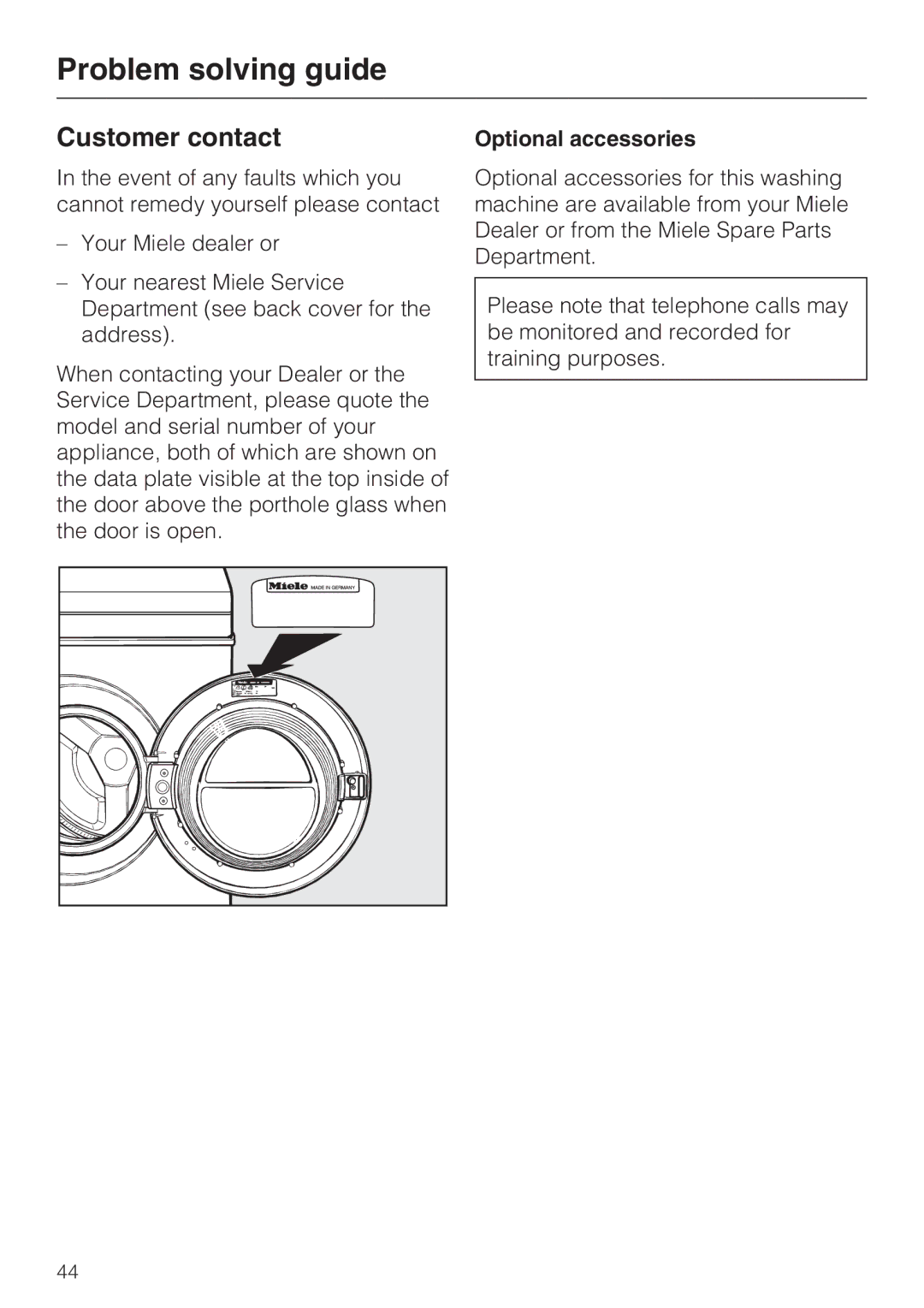 Miele Premier 520 operating instructions Customer contact, Optional accessories 