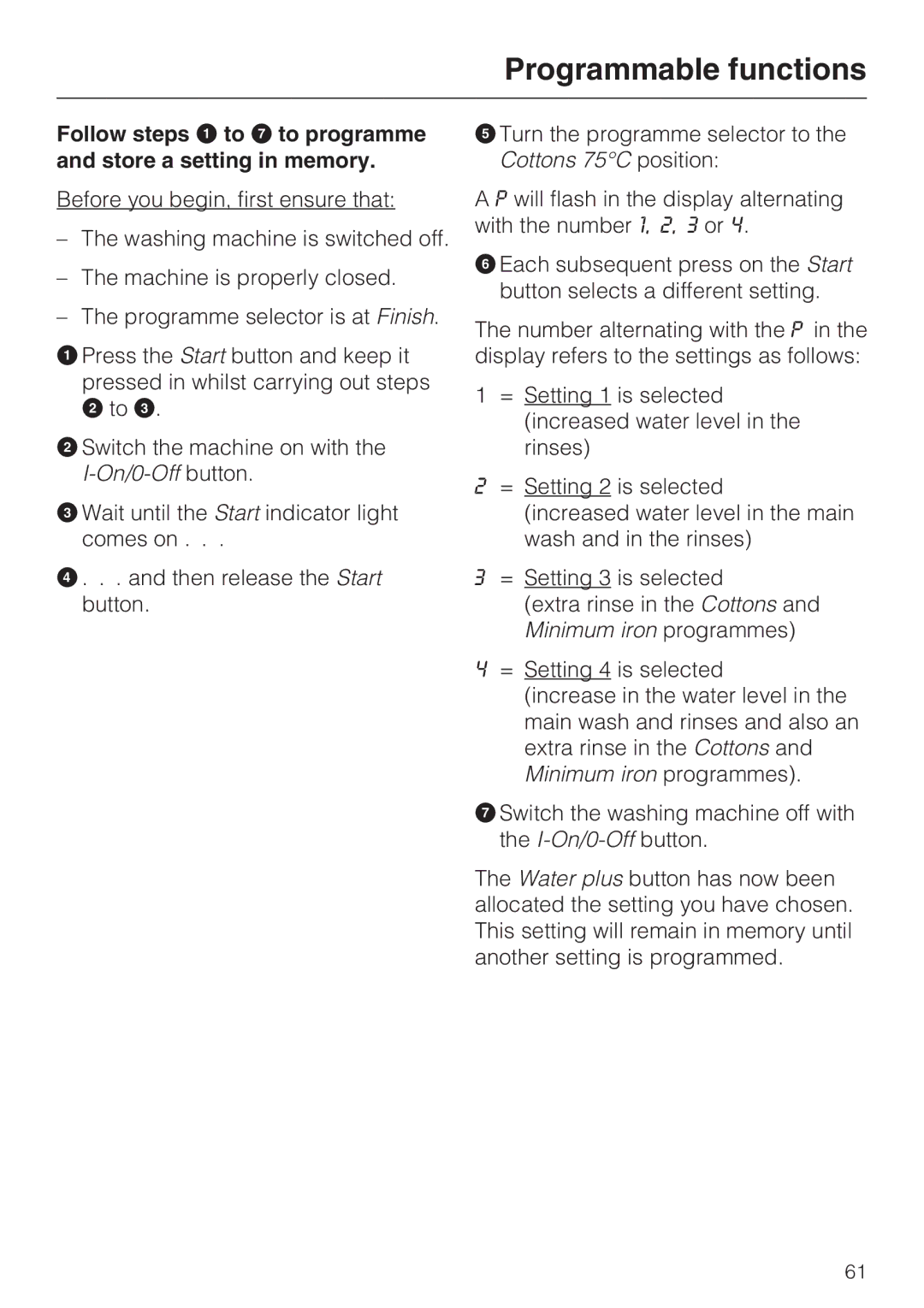 Miele Premier 520 operating instructions Programmable functions 