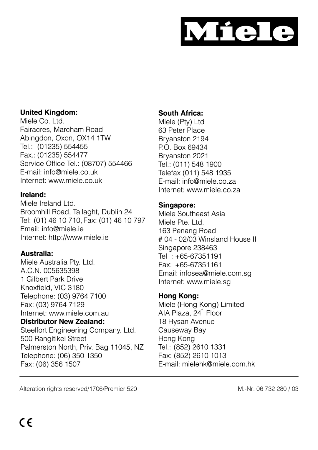 Miele Premier 520 operating instructions Alteration rights reserved/1706/Premier Nr 732 280 