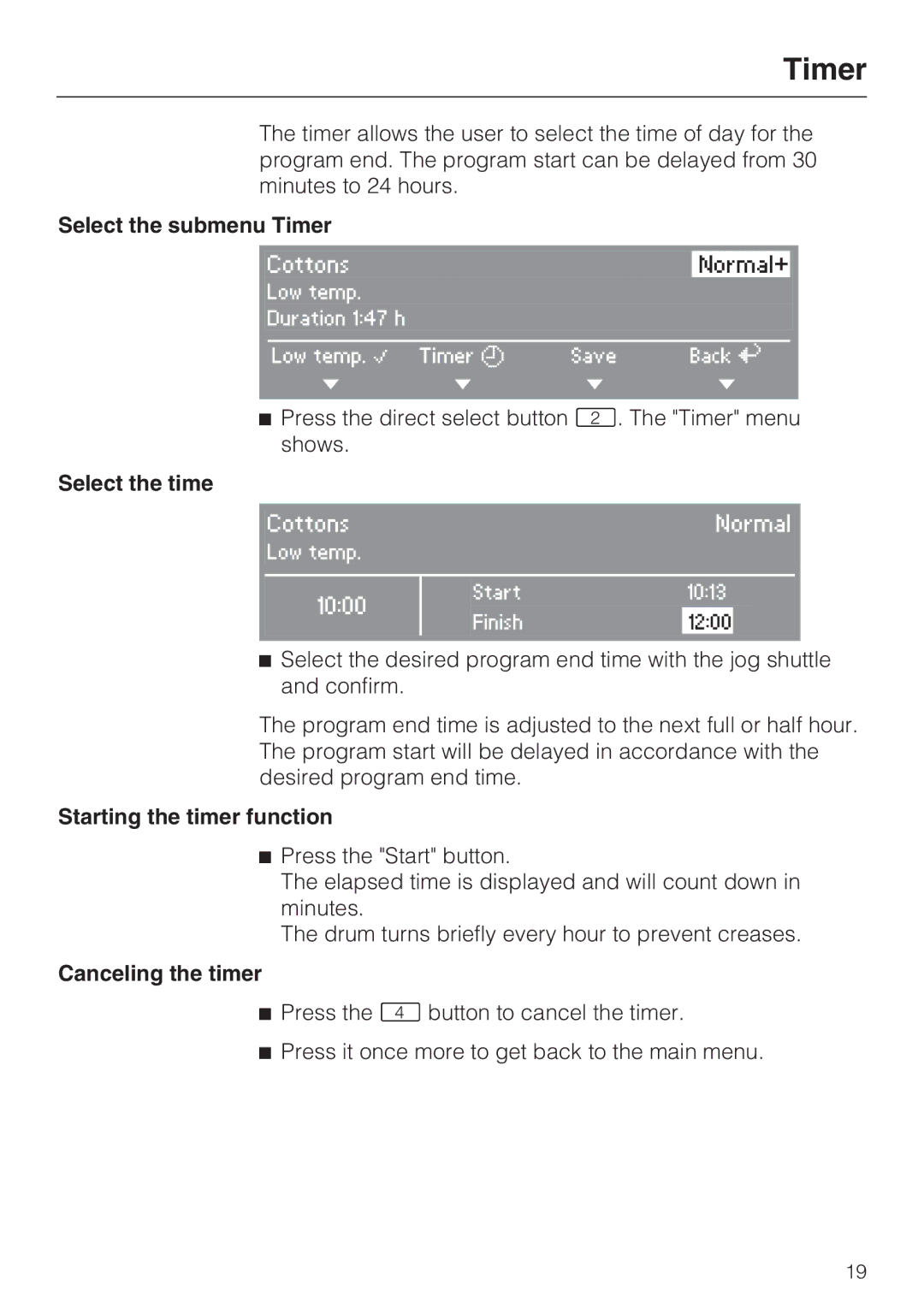 Miele PT 7136 PLUS Select the submenu Timer, Select the time, Starting the timer function, Canceling the timer 