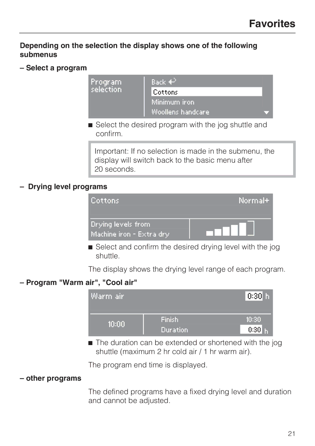 Miele PT 7136 PLUS installation manual Drying level programs, Program Warm air, Cool air, Other programs 