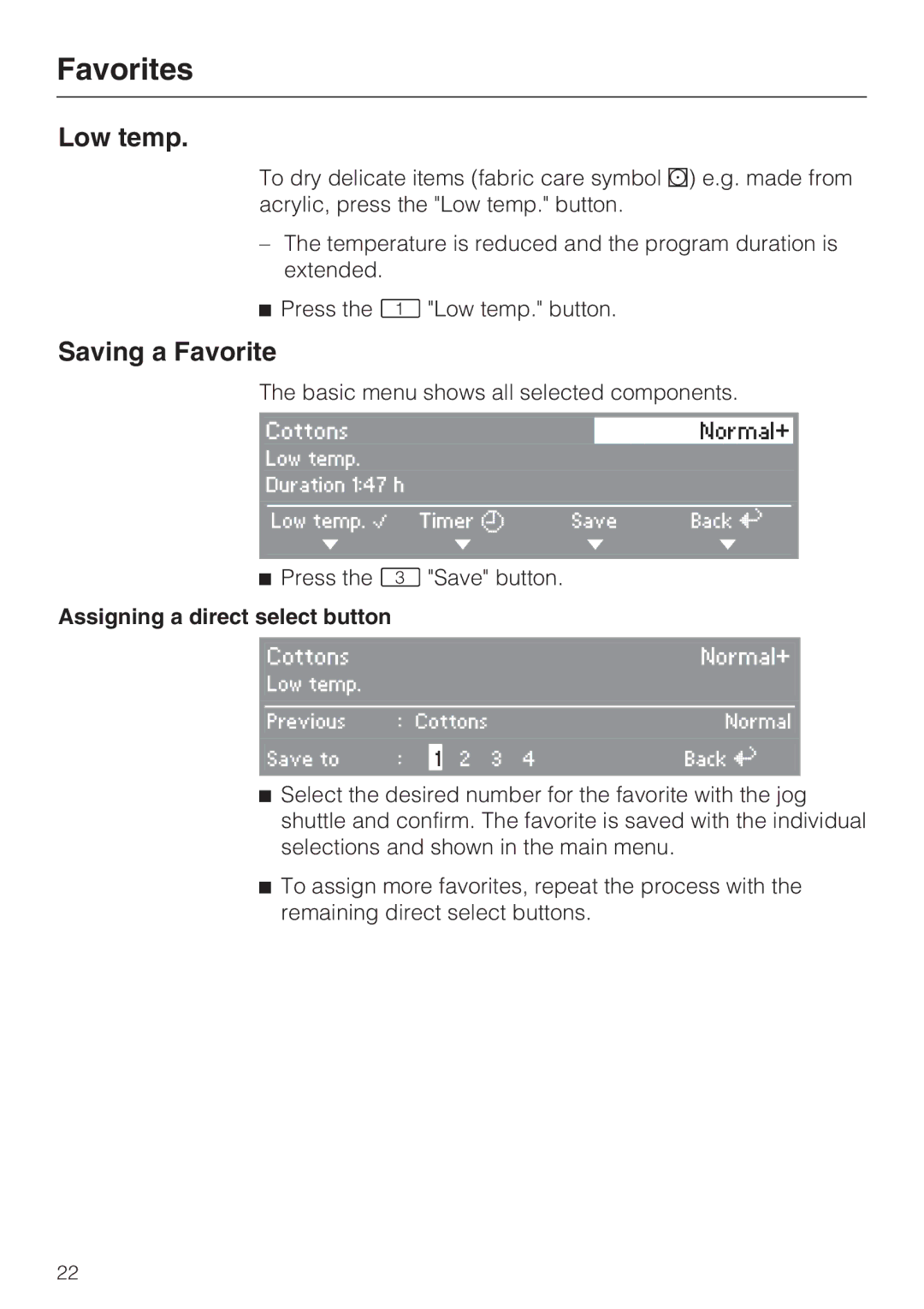 Miele PT 7136 PLUS installation manual Low temp, Saving a Favorite, Assigning a direct select button 