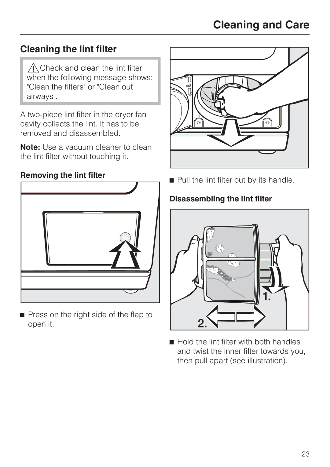 Miele PT 7136 PLUS Cleaning and Care, Cleaning the lint filter, Removing the lint filter, Disassembling the lint filter 