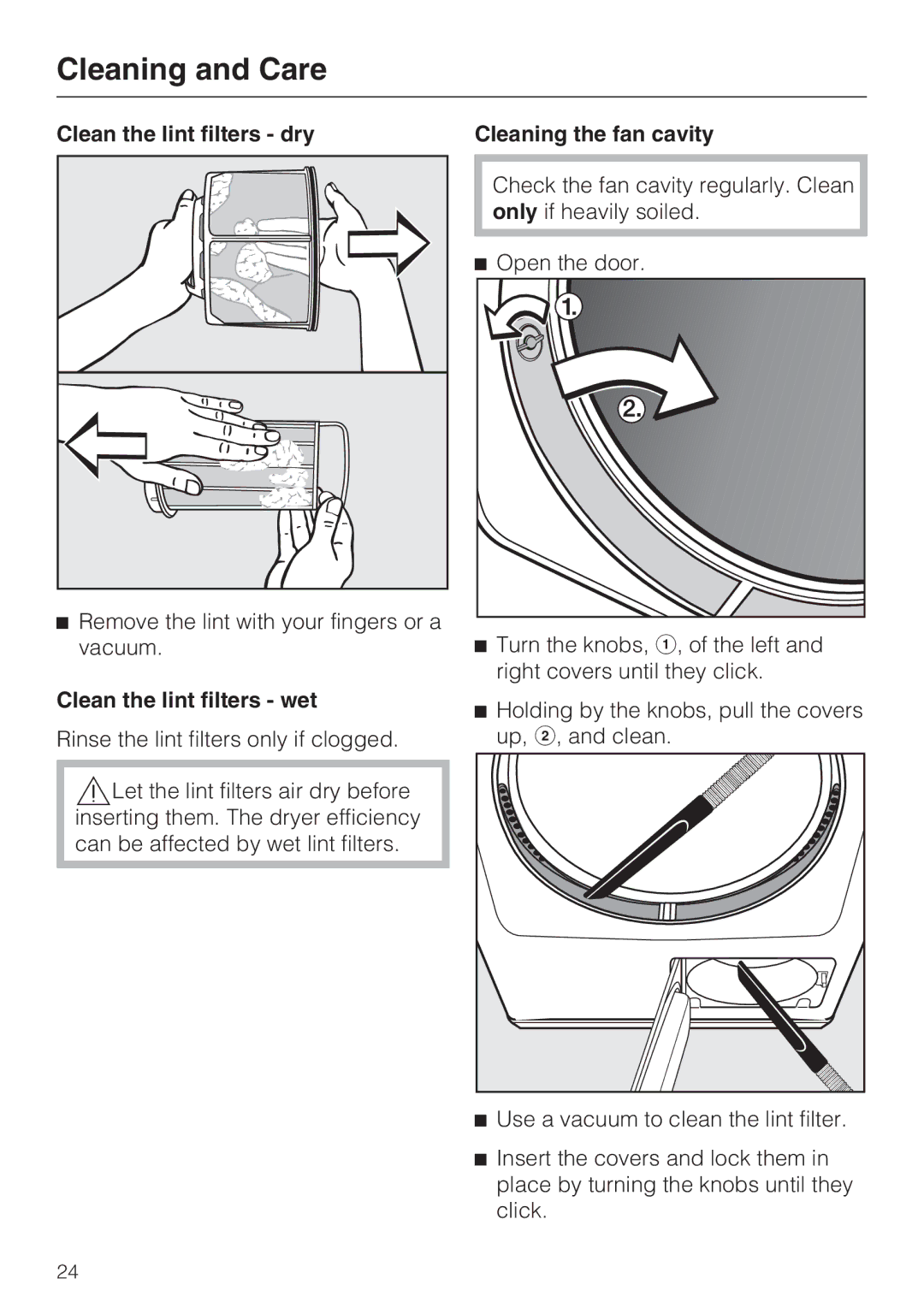 Miele PT 7136 PLUS installation manual Clean the lint filters dry, Clean the lint filters wet 