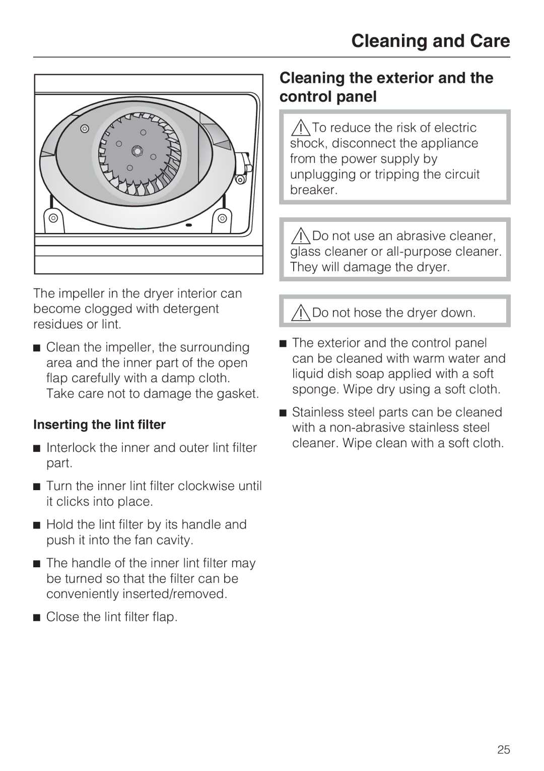 Miele PT 7136 PLUS installation manual Cleaning the exterior and the control panel, Inserting the lint filter 