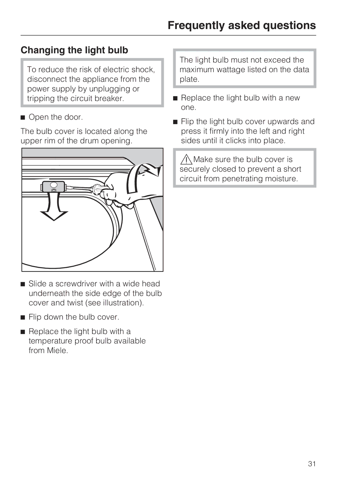 Miele PT 7136 PLUS installation manual Changing the light bulb 