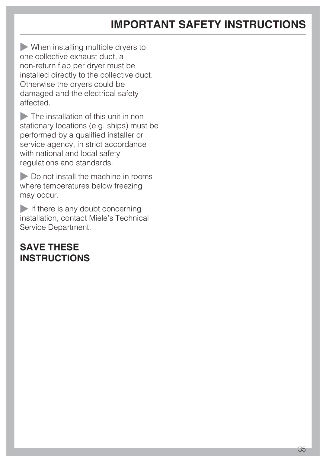 Miele PT 7136 PLUS installation manual Save These Instructions 