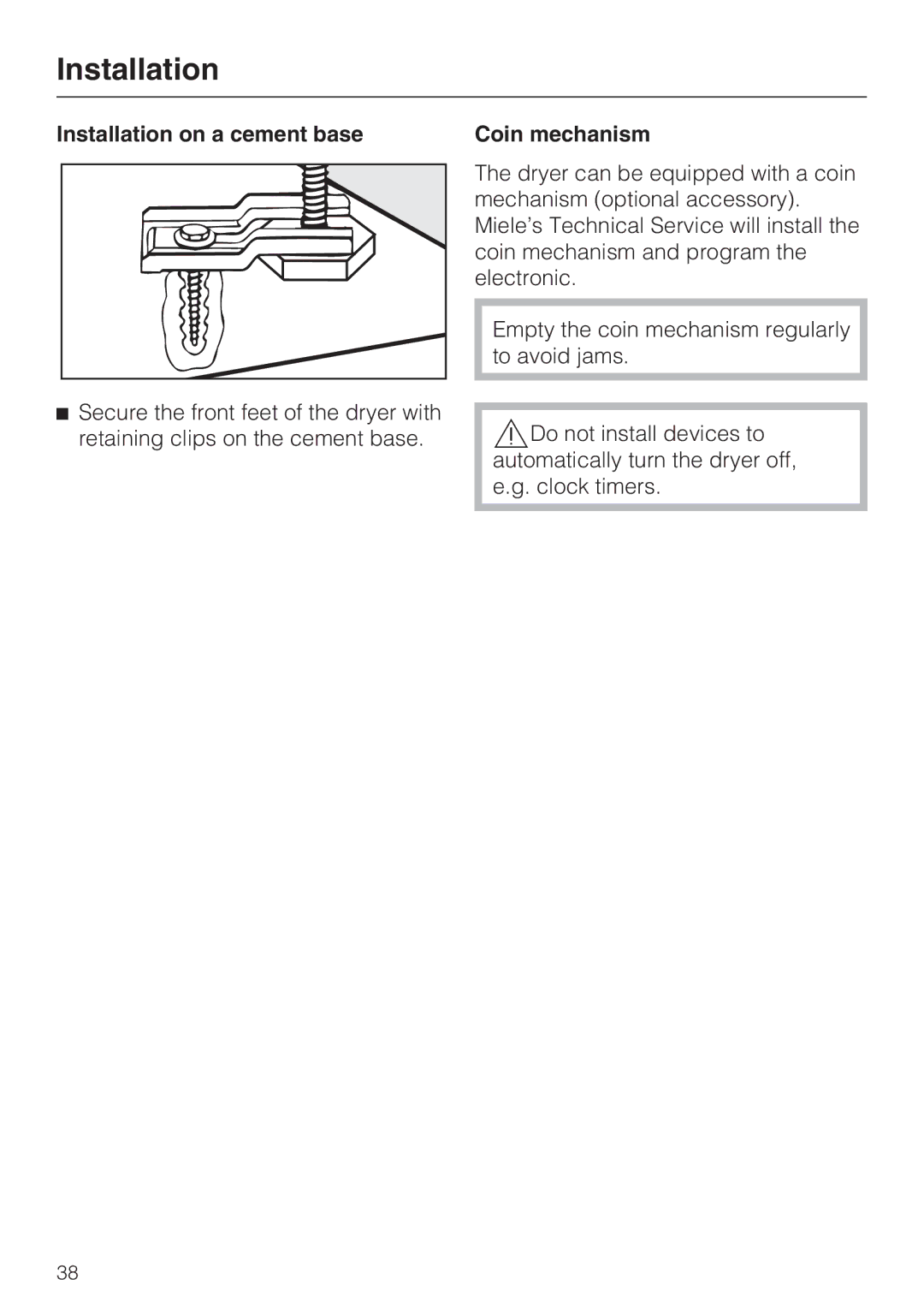 Miele PT 7136 PLUS installation manual Installation on a cement base Coin mechanism 