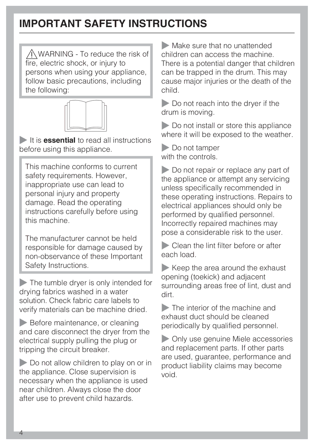 Miele PT 7136 PLUS installation manual Important Safety Instructions 