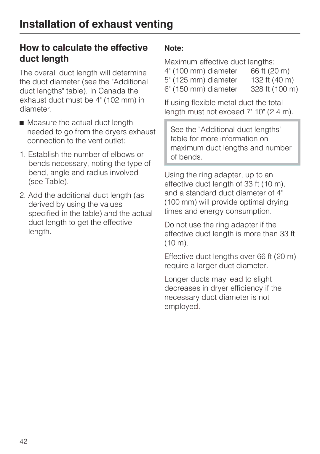 Miele PT 7136 PLUS installation manual How to calculate the effective duct length 