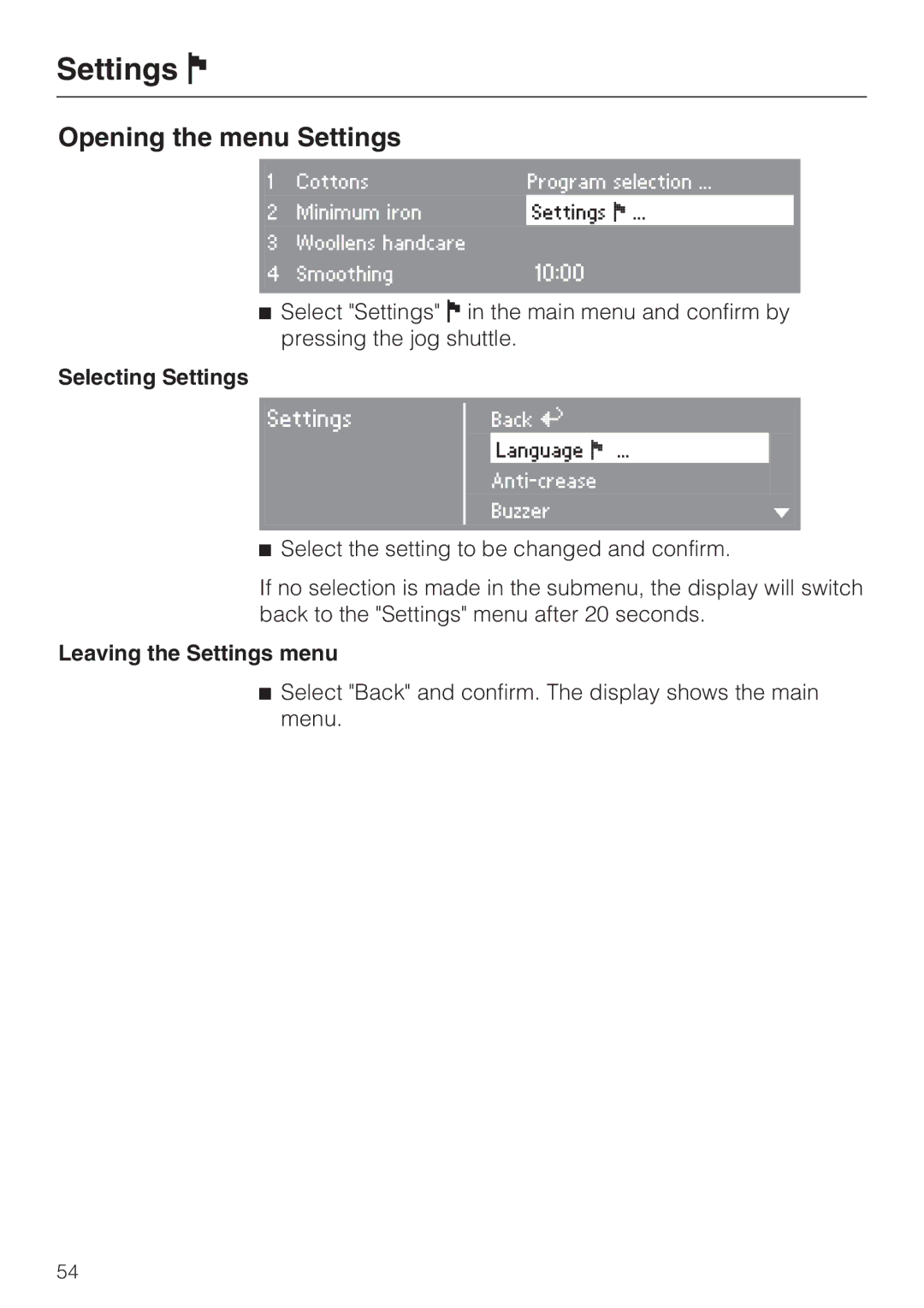 Miele PT 7136 PLUS installation manual Opening the menu Settings, Selecting Settings, Leaving the Settings menu 