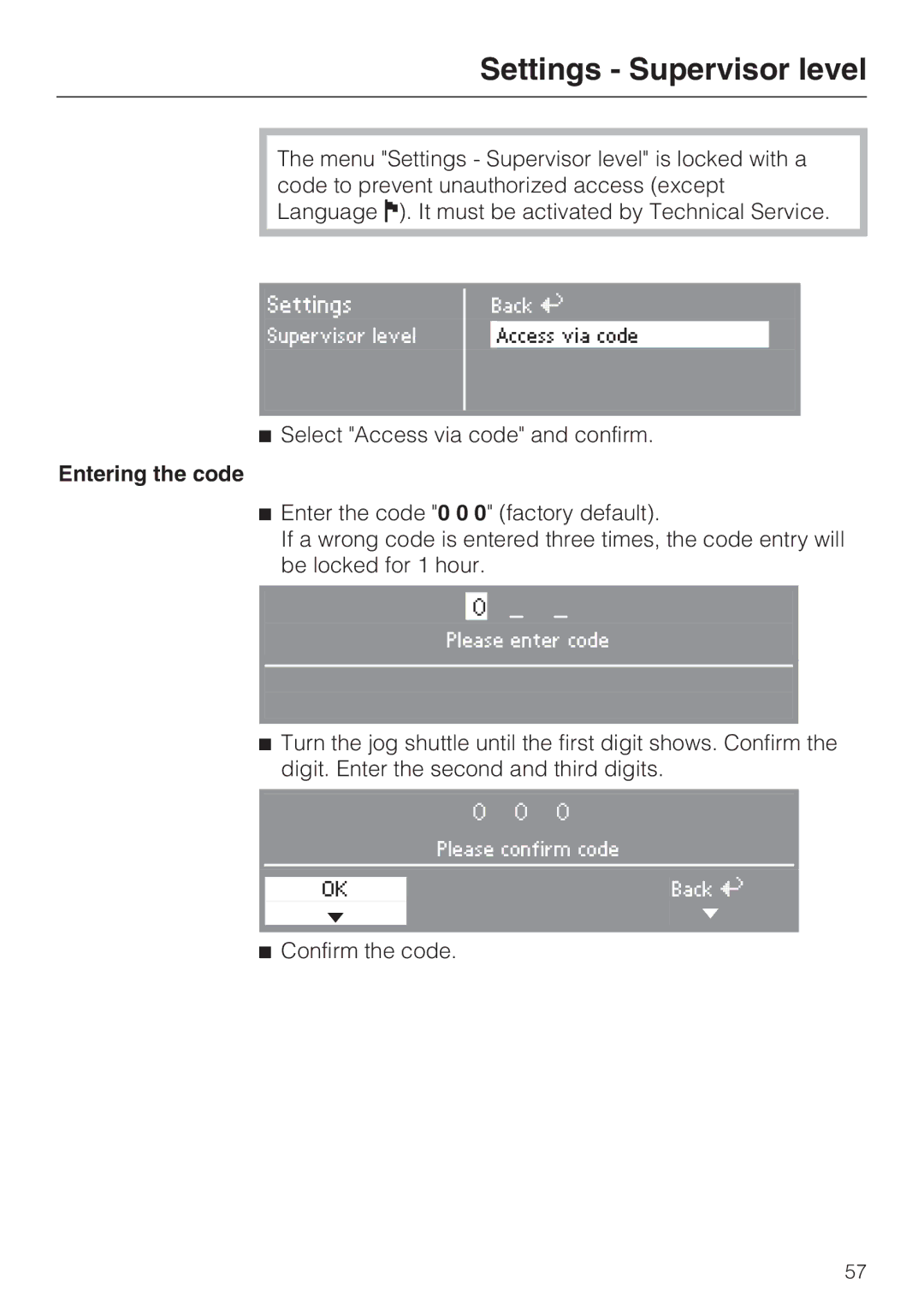 Miele PT 7136 PLUS installation manual Settings Supervisor level, Entering the code 