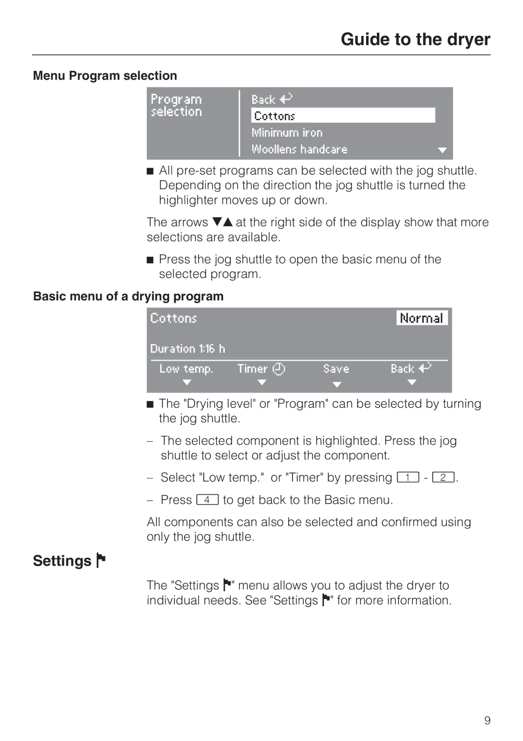 Miele PT 7136 PLUS installation manual Settings, Menu Program selection, Basic menu of a drying program 