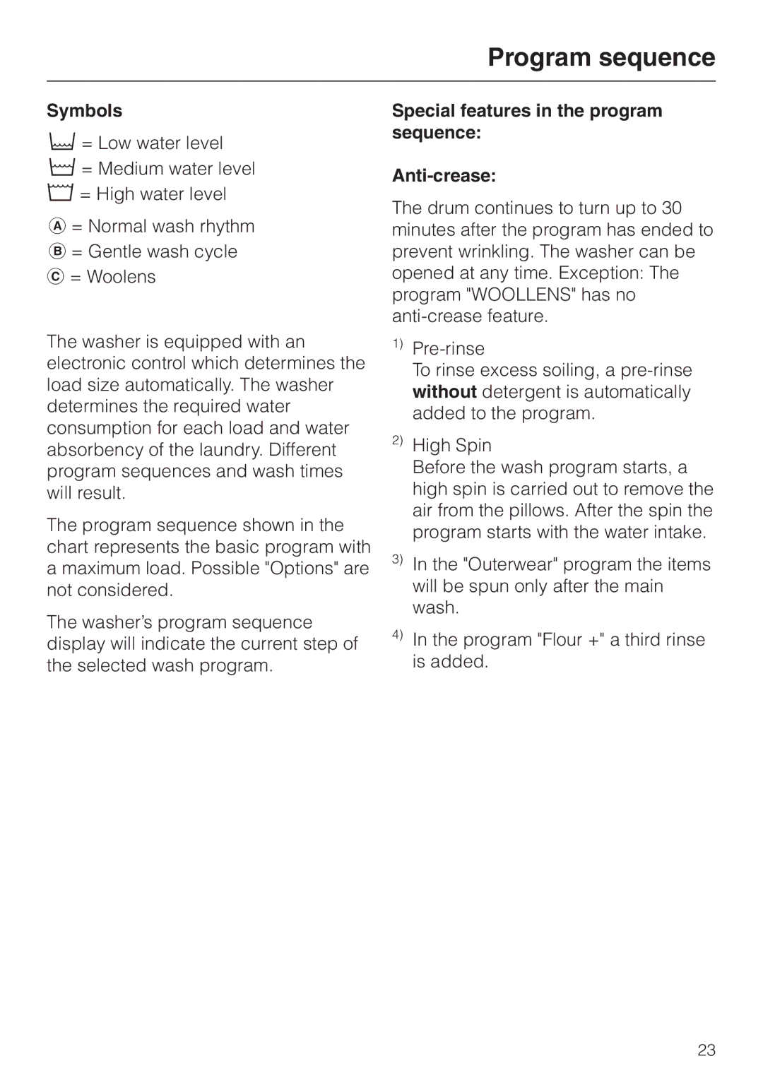 Miele PW 5065 manual Symbols, Special features in the program sequence Anti-crease 