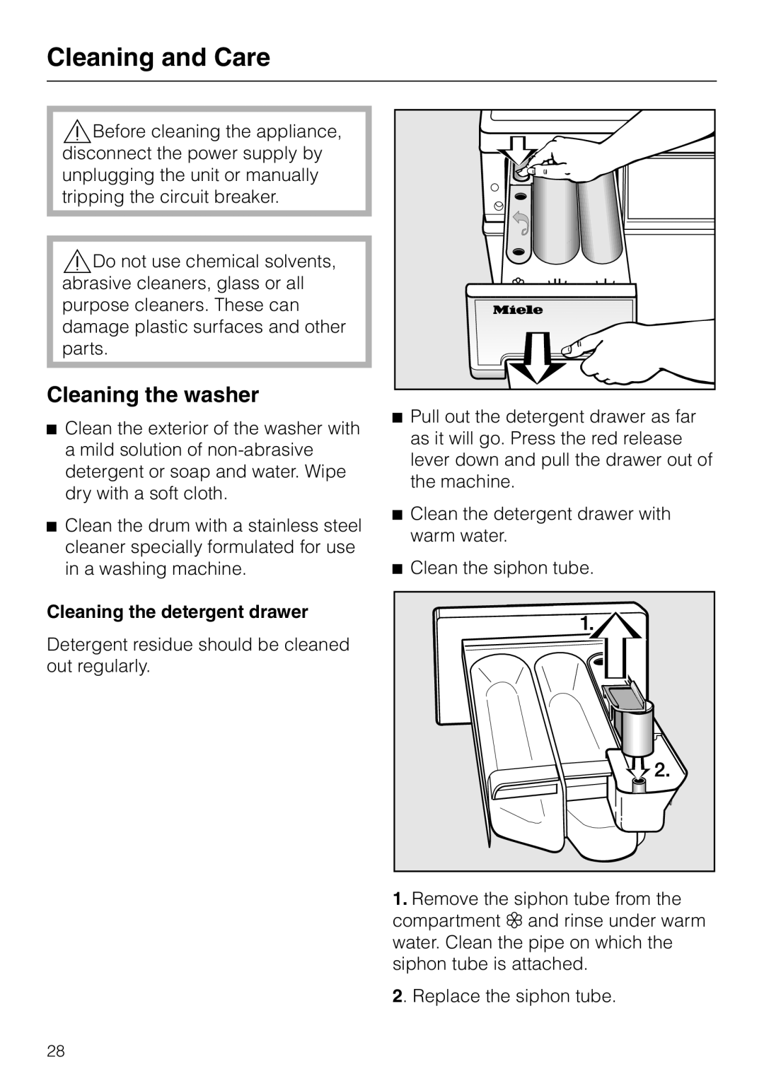 Miele PW 5065 manual Cleaning and Care, Cleaning the washer, Cleaning the detergent drawer 