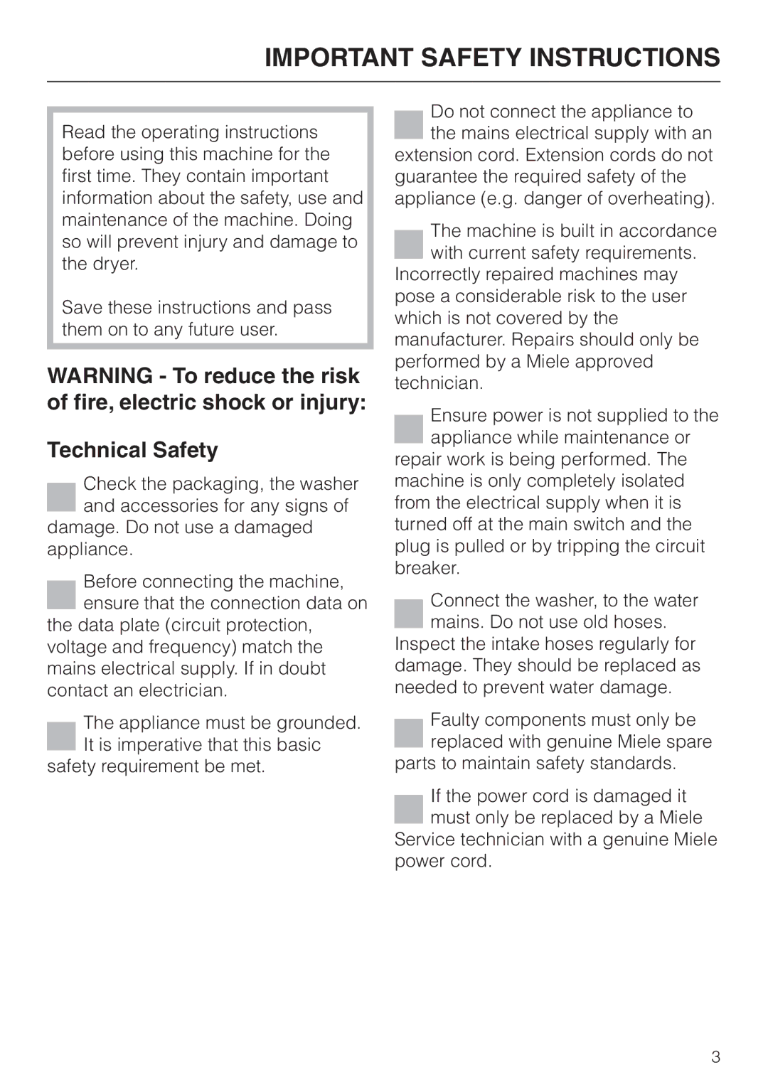 Miele PW 5065 manual Important Safety Instructions, Technical Safety 