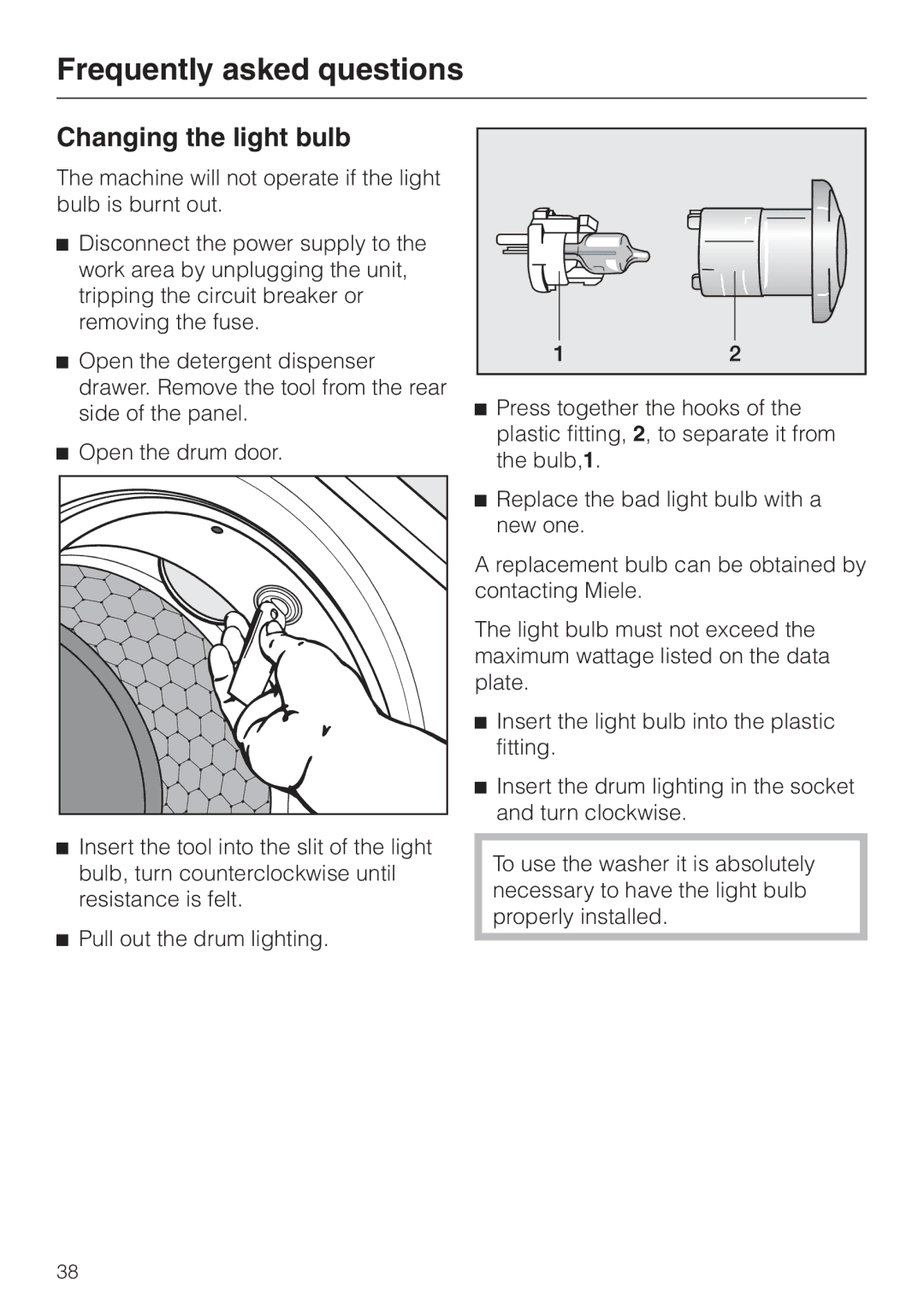 Miele PW 5065 manual Changing the light bulb 