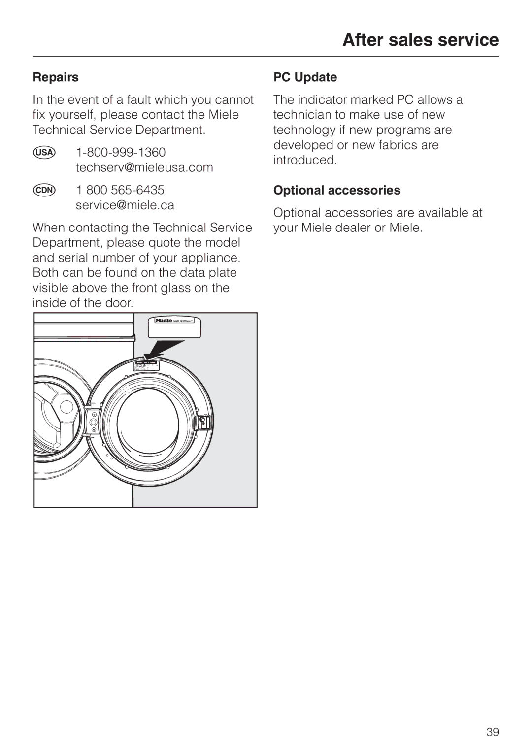 Miele PW 5065 manual After sales service, Repairs, PC Update, Optional accessories 