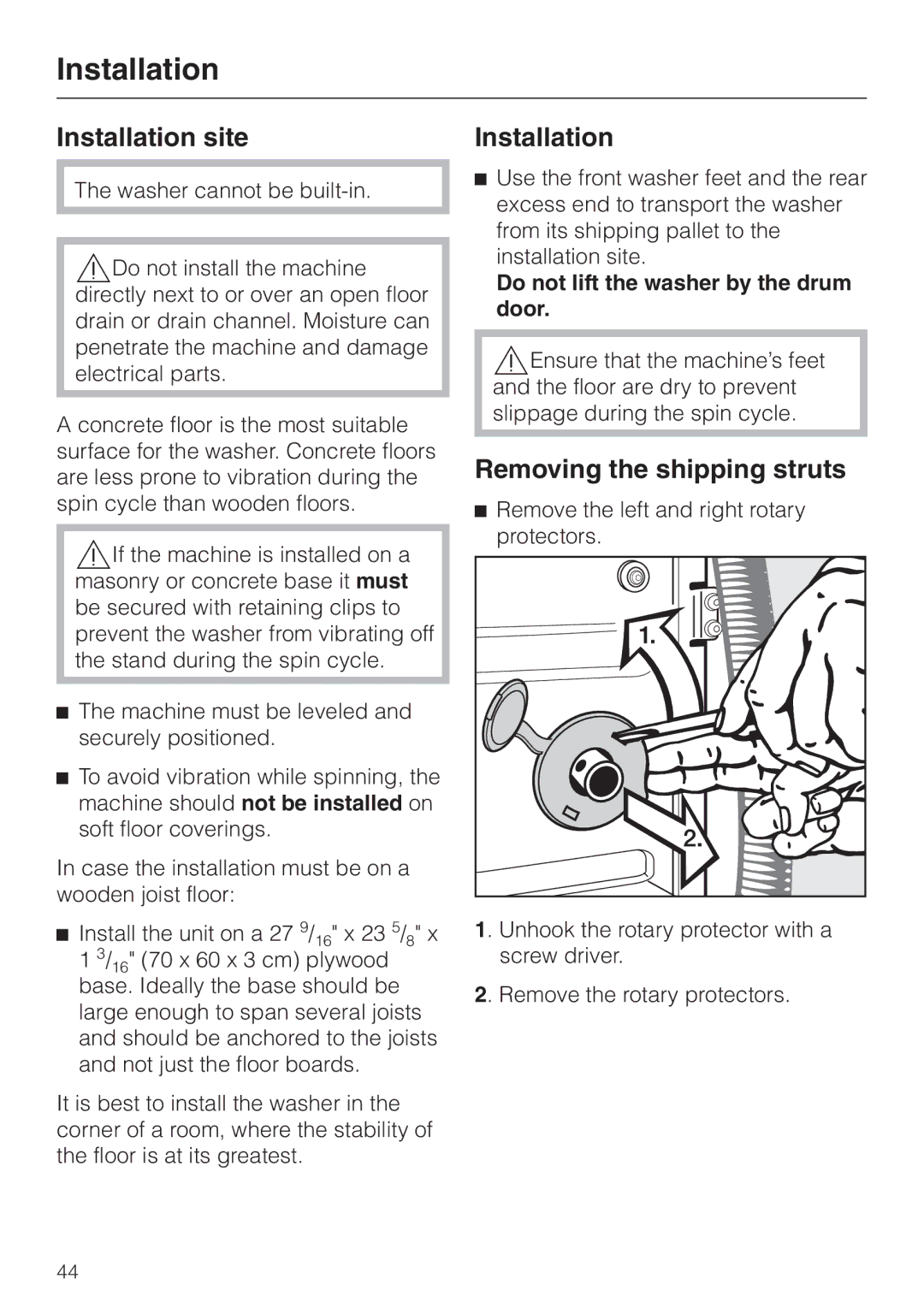 Miele PW 5065 manual Installation site, Removing the shipping struts, Do not lift the washer by the drum door 